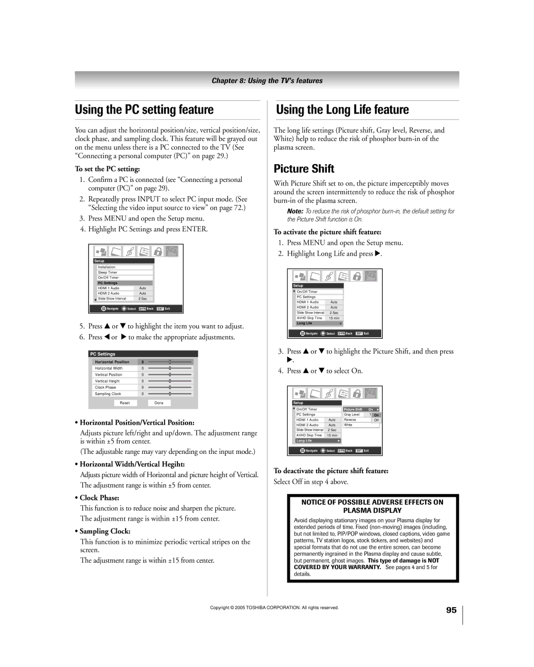 Toshiba 50HPX95 owner manual Using the PC setting feature, Using the Long Life feature, Picture Shift 