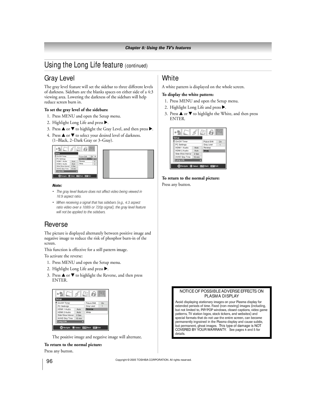 Toshiba 50HPX95 owner manual Gray Level, Reverse, White 