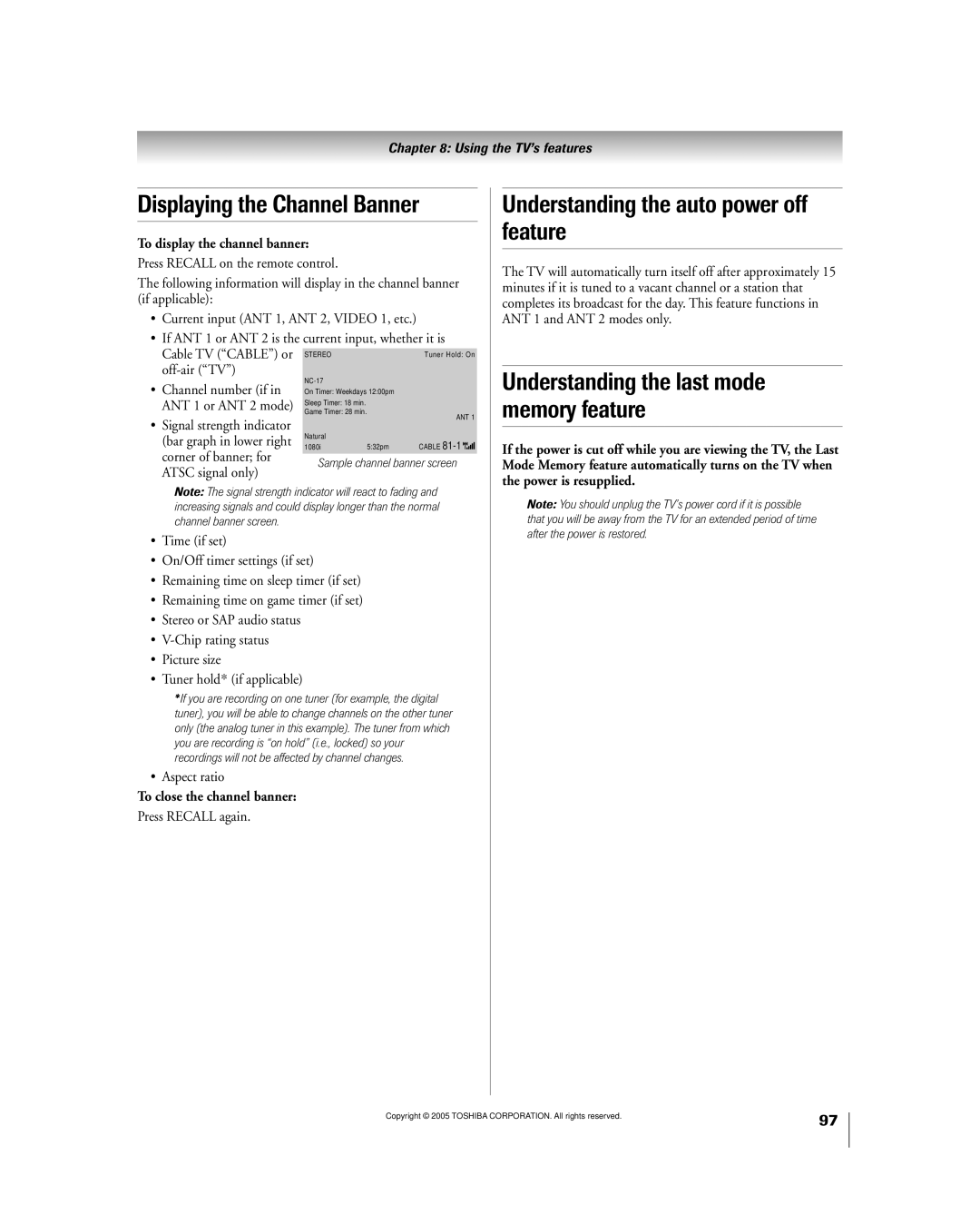 Toshiba 50HPX95 Displaying the Channel Banner, Understanding the auto power off feature, To display the channel banner 