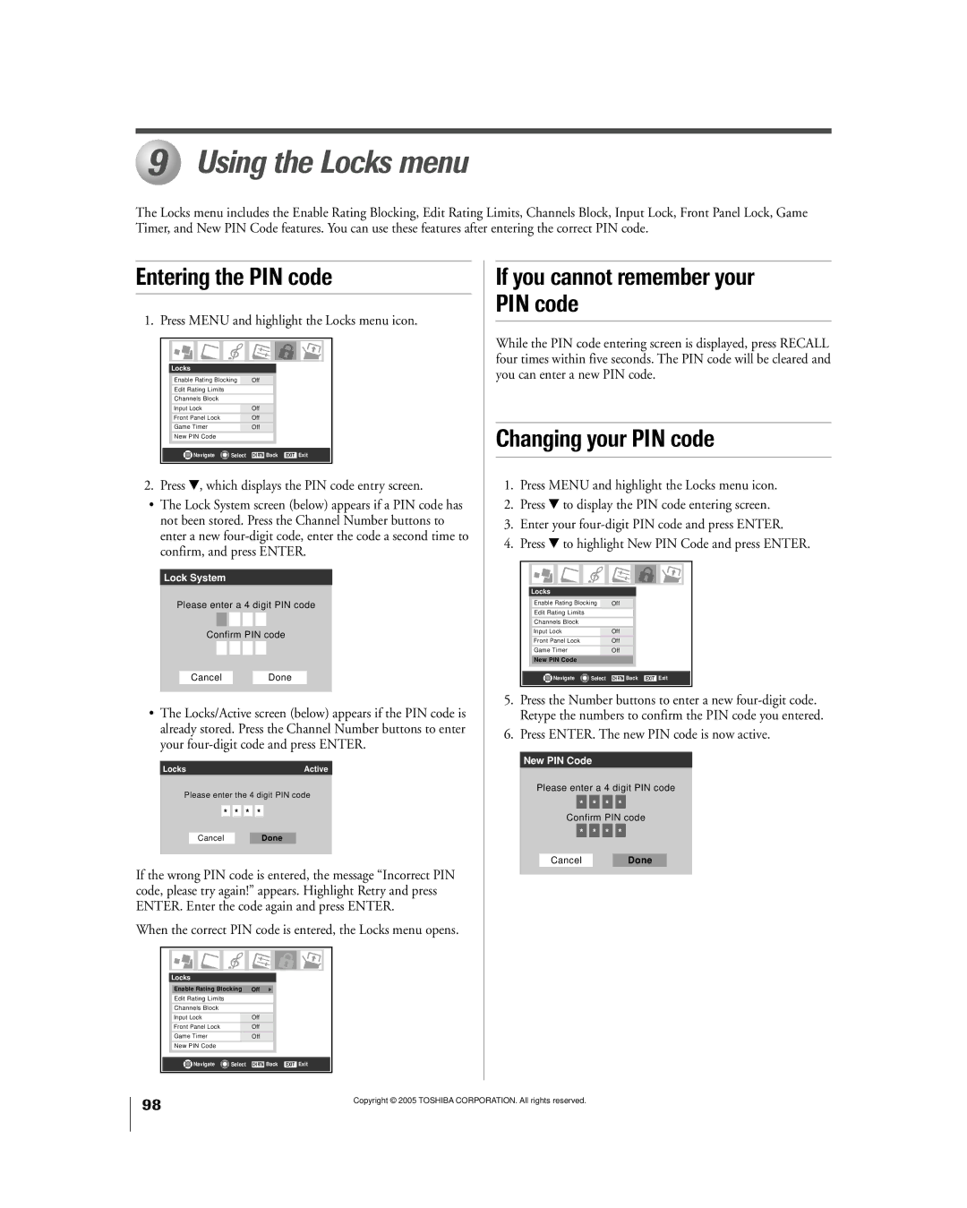 Toshiba 50HPX95 Using the Locks menu, Entering the PIN code, If you cannot remember your PIN code, Changing your PIN code 