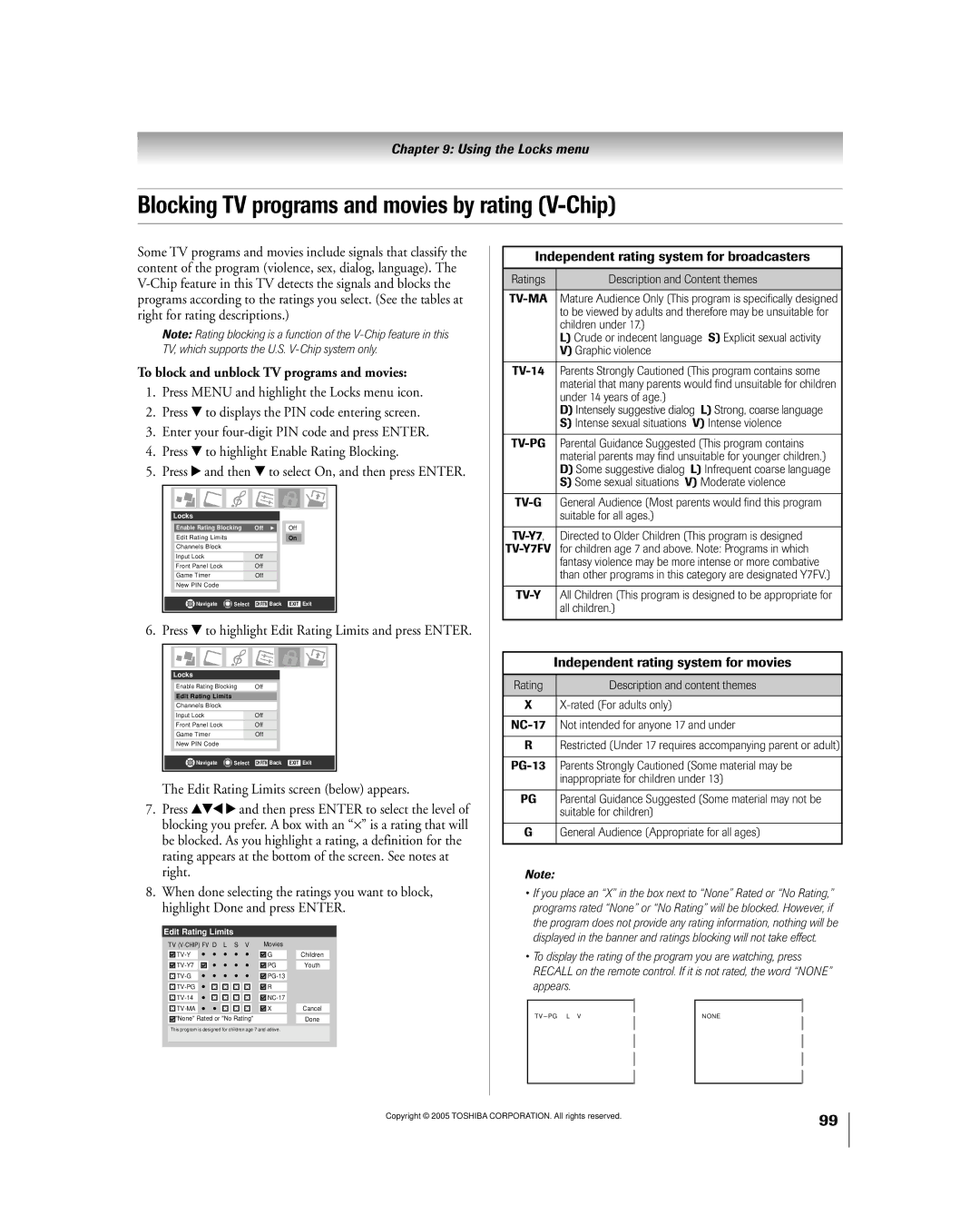 Toshiba 50HPX95 owner manual Blocking TV programs and movies by rating V-Chip, To block and unblock TV programs and movies 