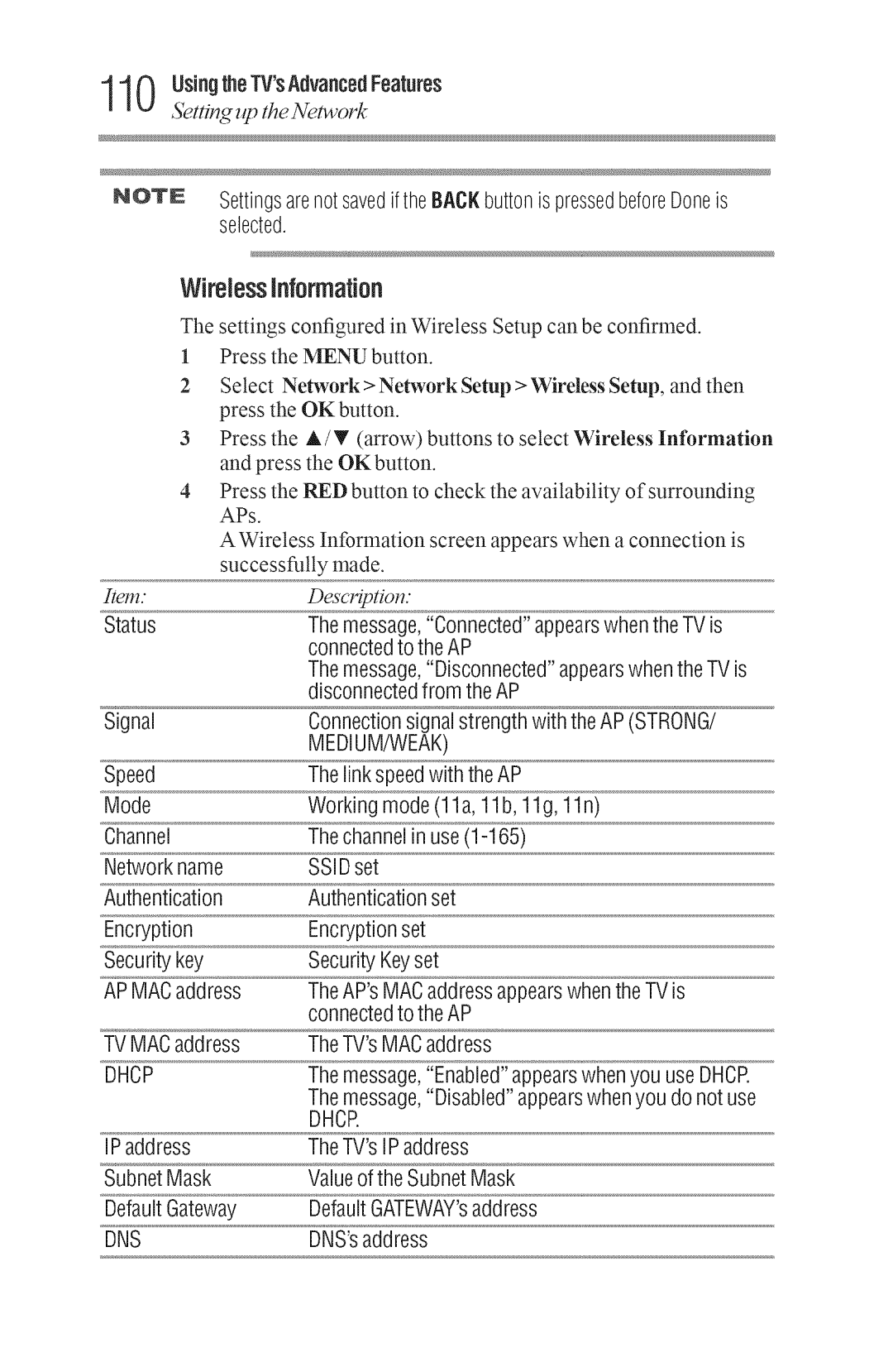 Toshiba 50L3400U, 40L3400U WirelessInformation, UsingtheTVAdvanced Features, Selected, Disconnectedfromthe AP, DNSsaddress 