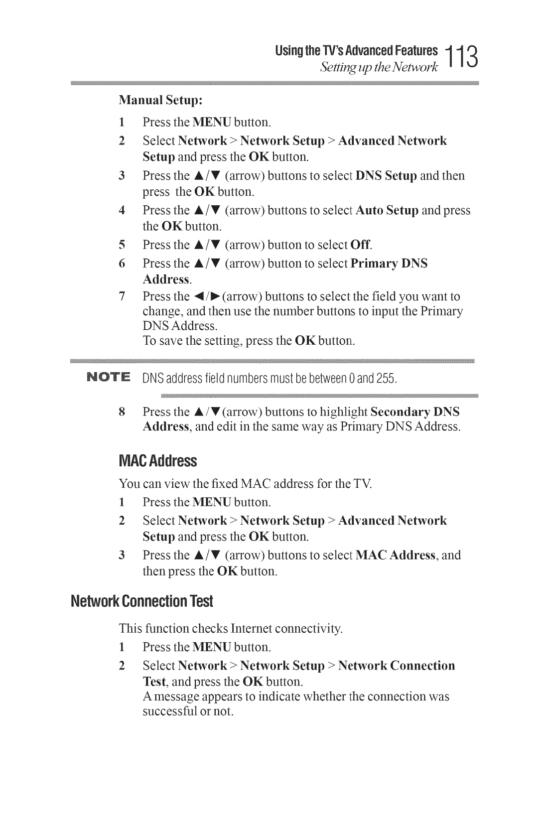 Toshiba 40L3400U, 50L3400U manual NetworkConnectionTest, NAC Address, UsingtheTVsAdvancedFeatures1 1 