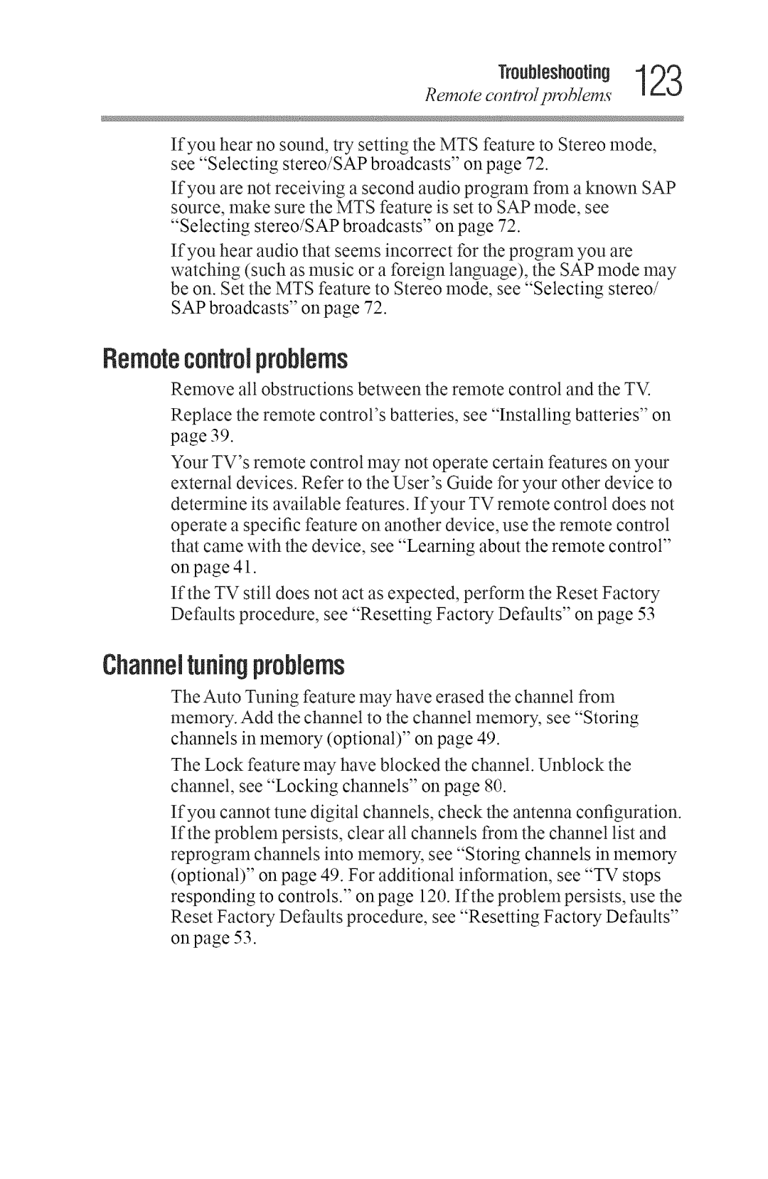 Toshiba 40L3400U, 50L3400U manual Channeltuningproblems, Troubleshooting, Remote conlrol plvblems 