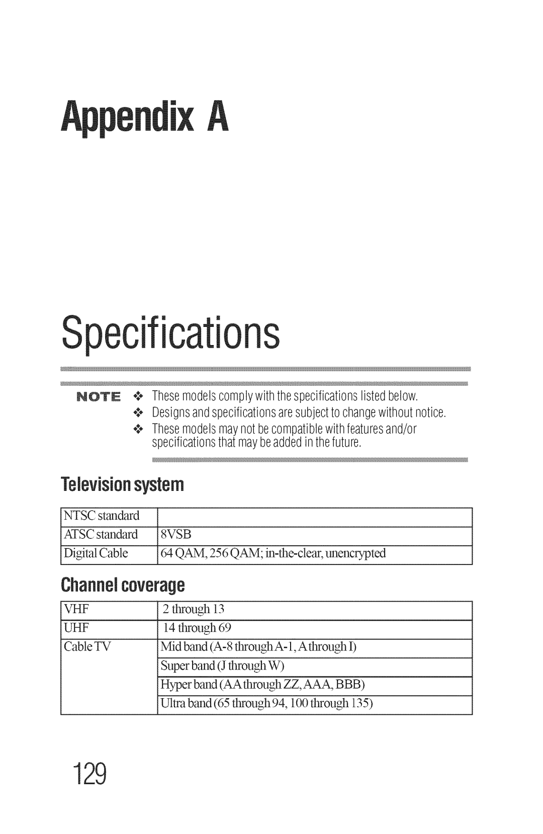 Toshiba 40L3400U, 50L3400U manual Specifications, Channelcoverage 