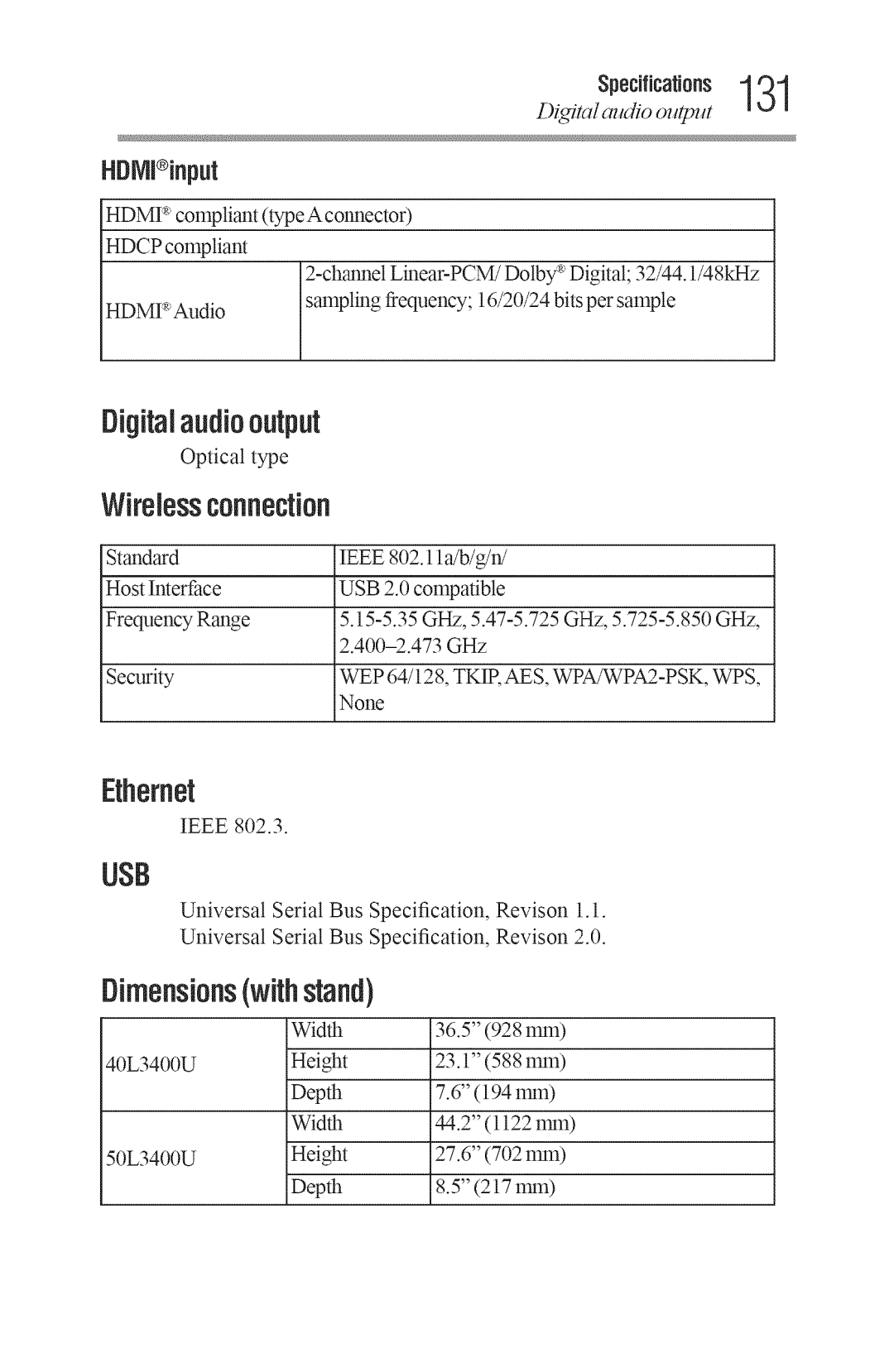 Toshiba 40L3400U, 50L3400U manual Digitalaudiooutput, Wirelessconnection, Ethernet, Dimensionswithstand, Specifications 