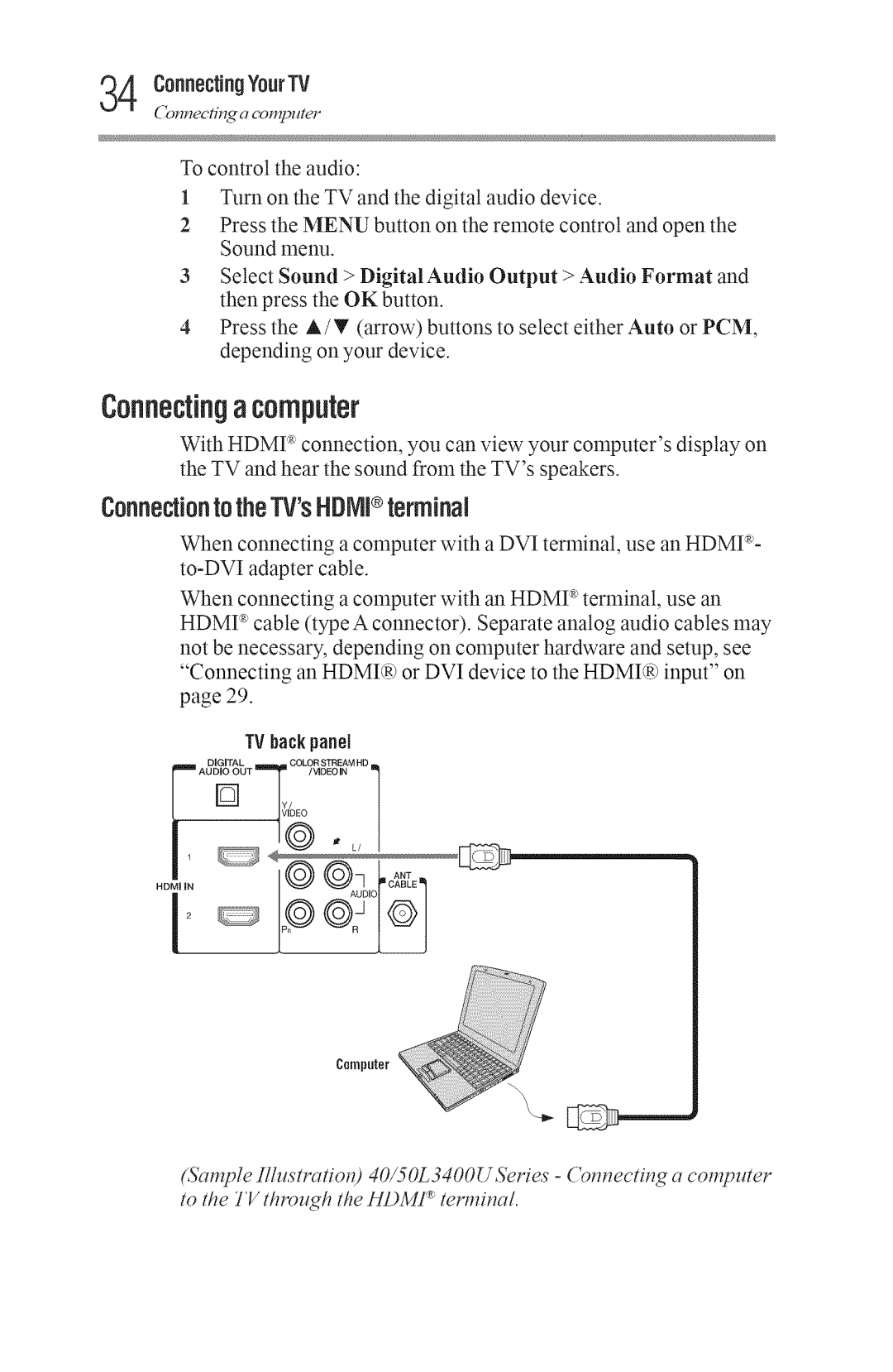 Toshiba 50L3400U, 40L3400U manual Connectinga computer, ConnectingYourTV, Connectionto the TVsHDNI terminal, Aoc,%%b,-f%g 