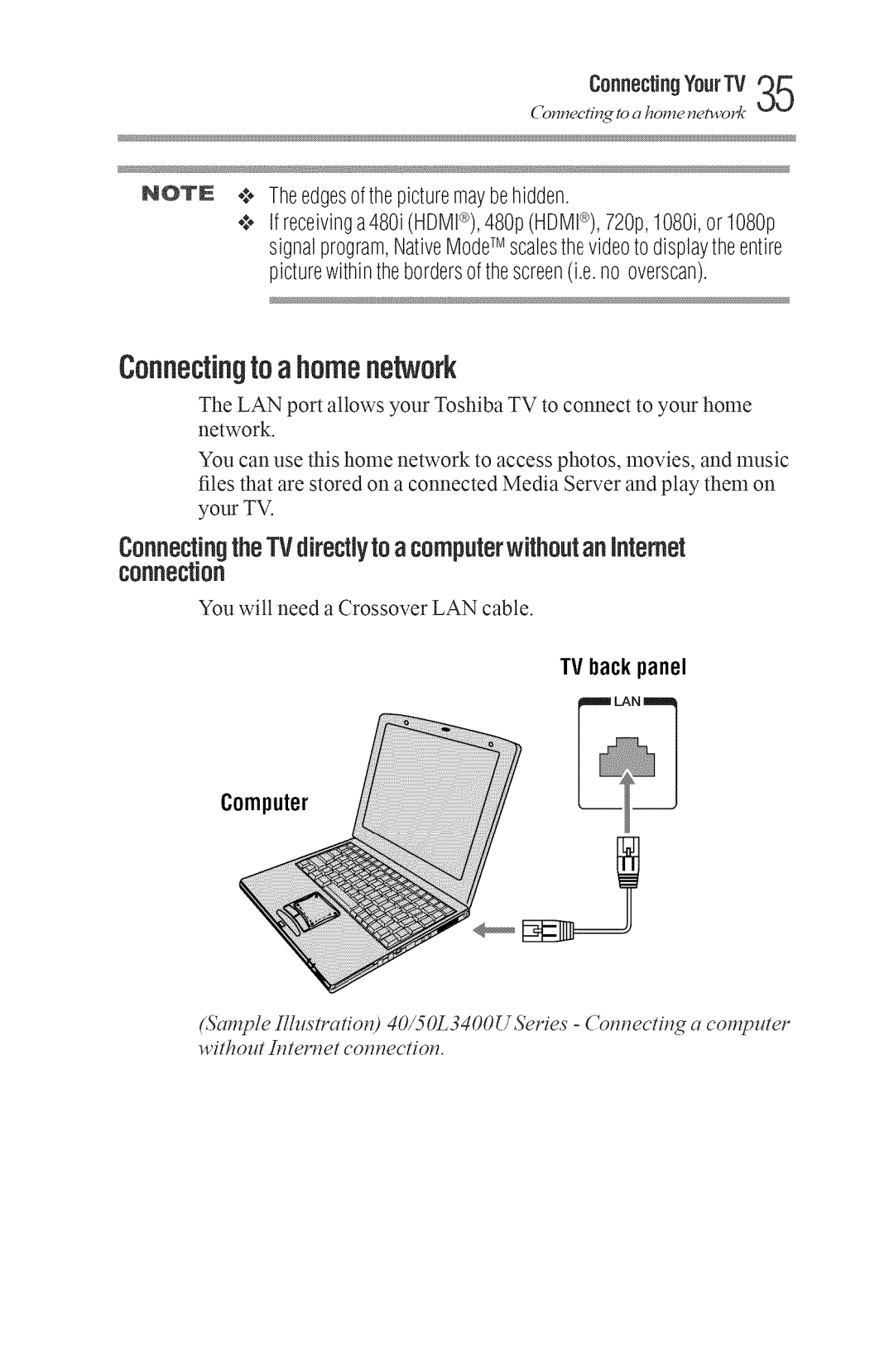 Toshiba 40L3400U Connectingtoa homenetwork, ConnectingtheTVdirectlytoacomputerwithoutanInternet, Connection, TV back panel 