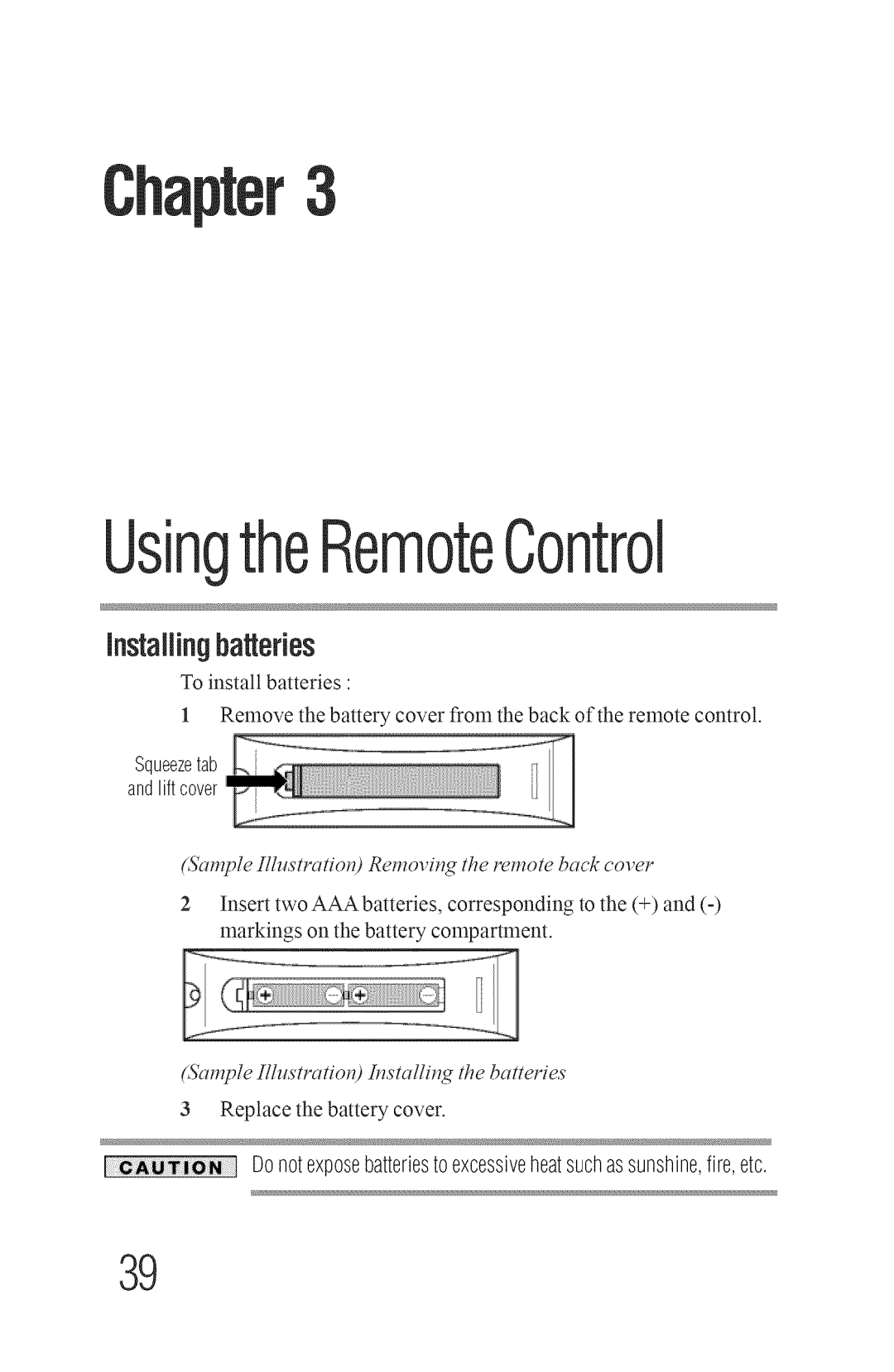 Toshiba 40L3400U, 50L3400U Sample IllustratioO Remov#g the remote back cover, Sample LllustratioO !,,stallirgthe batteries 