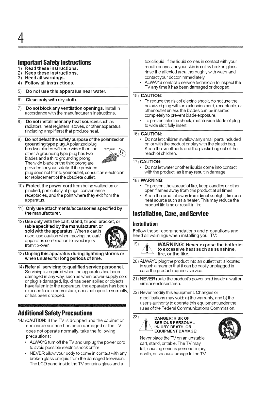 Toshiba 50L3400U, 40L3400U manual Important Safetyinstructions, AdditionalSafetyPrecautions, Instaflation,Care,and Service 