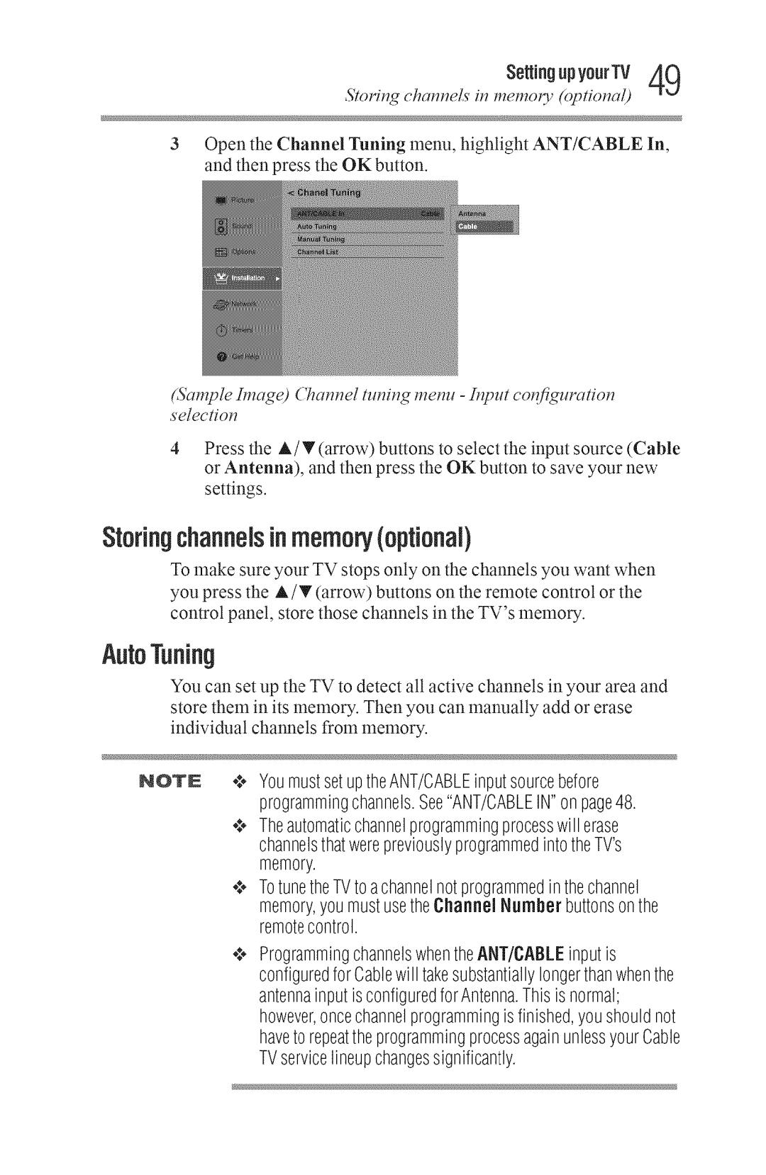 Toshiba 40L3400U AutoTuning, SeingupyourTV, Stor#g chamels itmemol optiotal, ProgrammingchannelsSeeANT/CABLEINonpage48 