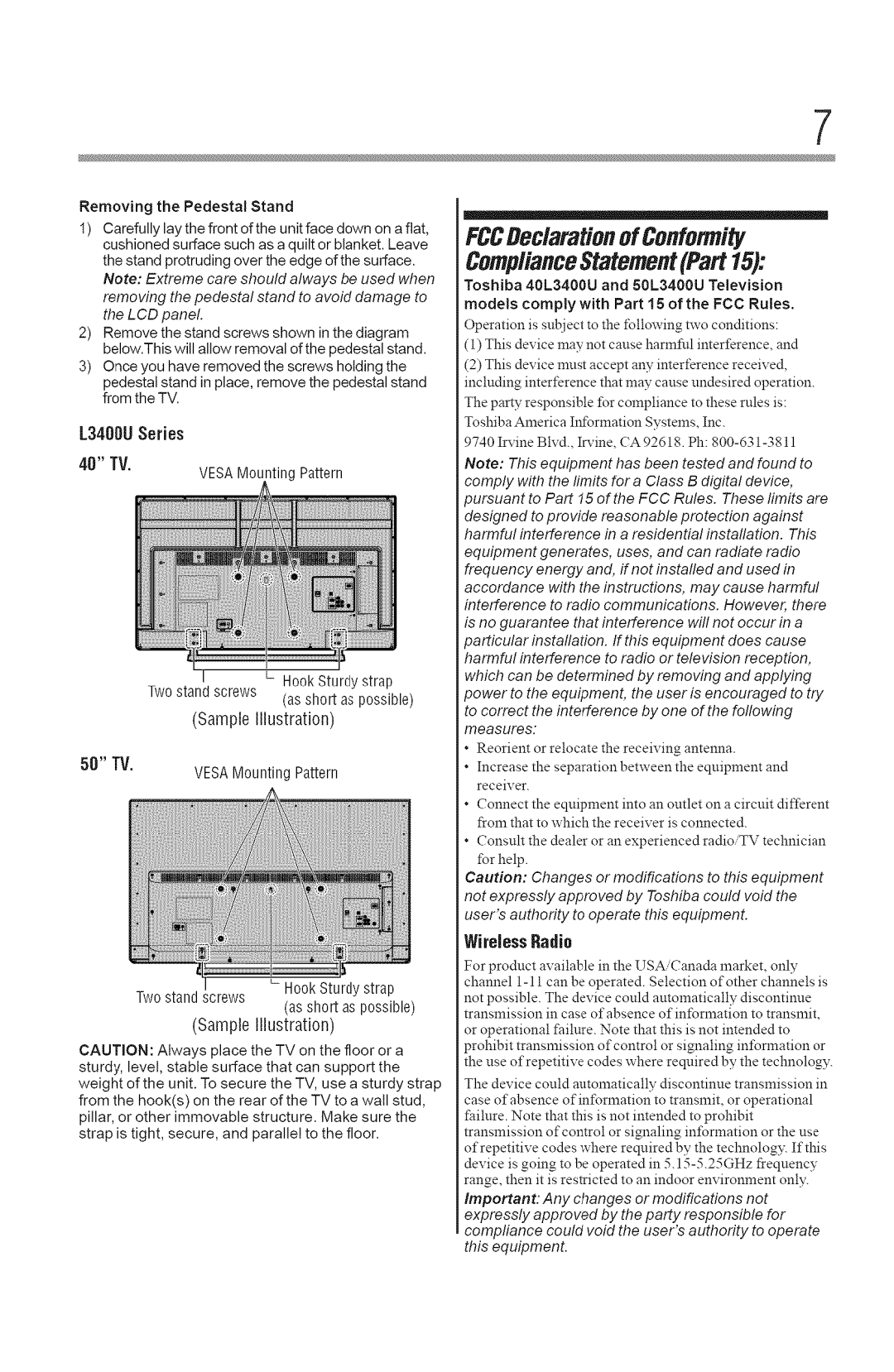 Toshiba 40L3400U, 50L3400U manual FCCDeclarationof Conformify ComplianceStatementPart15 