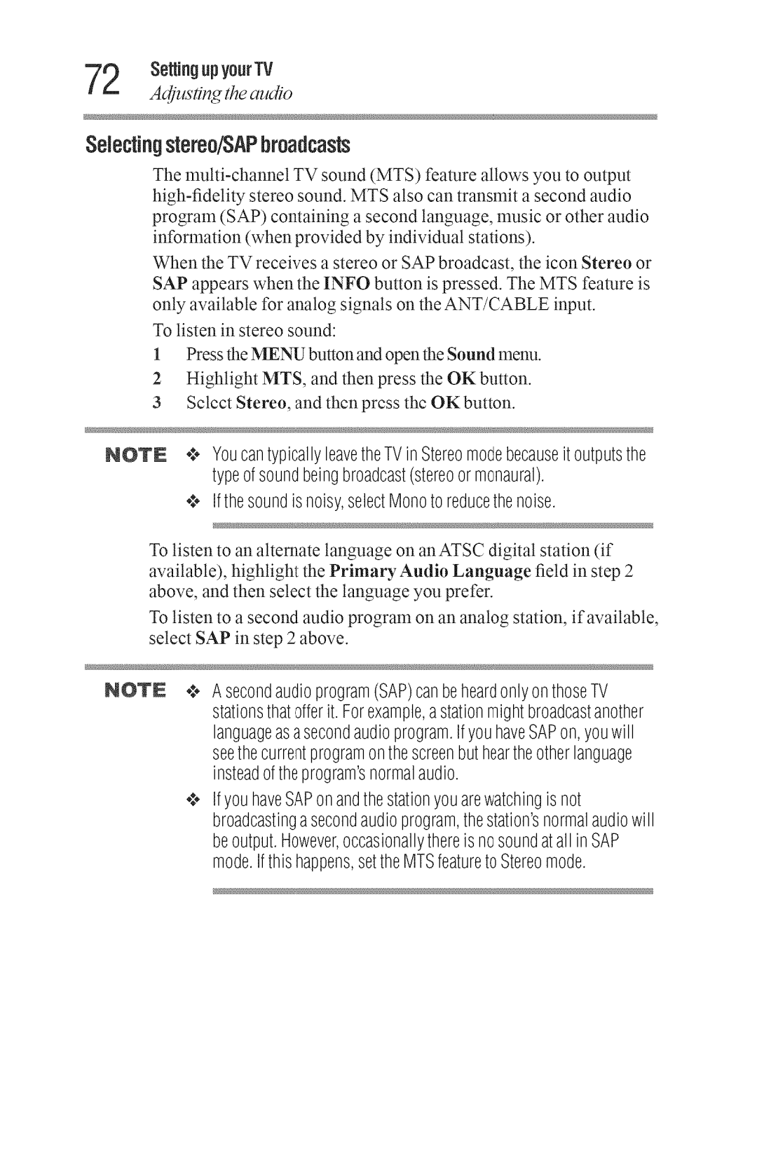 Toshiba 50L3400U, 40L3400U manual Selectingstereo/SAPbroadcas, ¢ Ifthesoundisnoisy,selectMonoto reducethenoise 