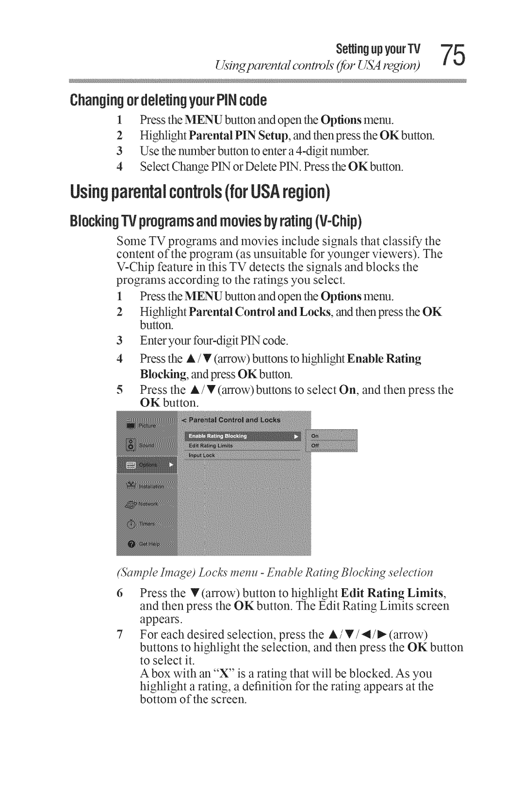 Toshiba 40L3400U, 50L3400U manual Usingparenial controlsfor USAregion, BlockingTVprogramsandmoviesbyratingV-Chip 