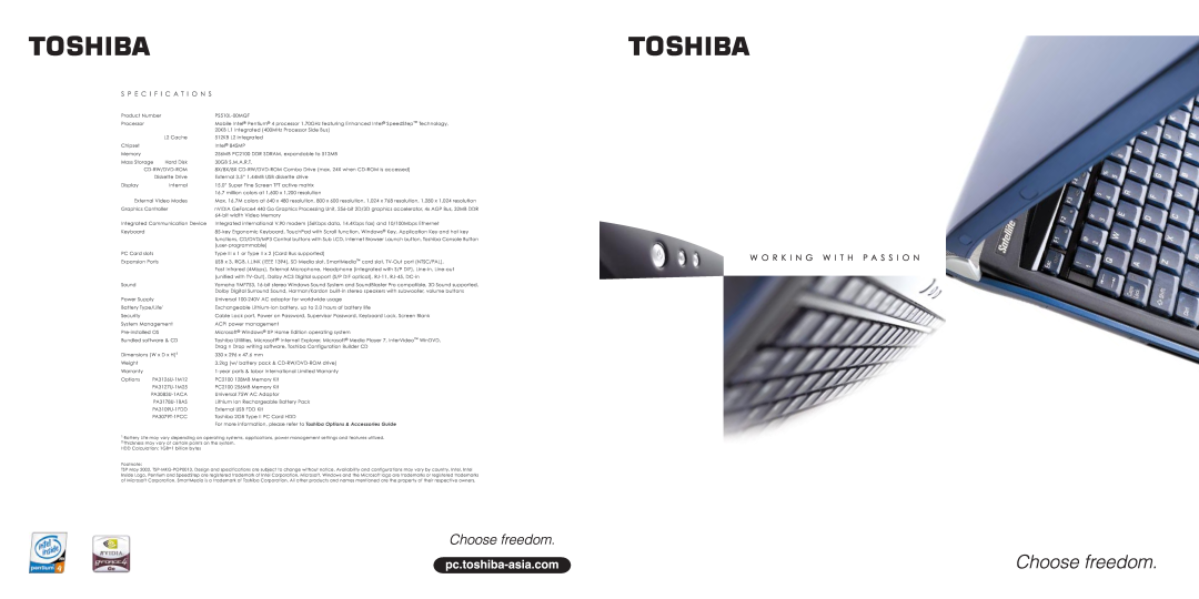 Toshiba 5100 9 specifications W O R K I N G W I T H P A S S I O N, S P E C I F I C A T I O N S 