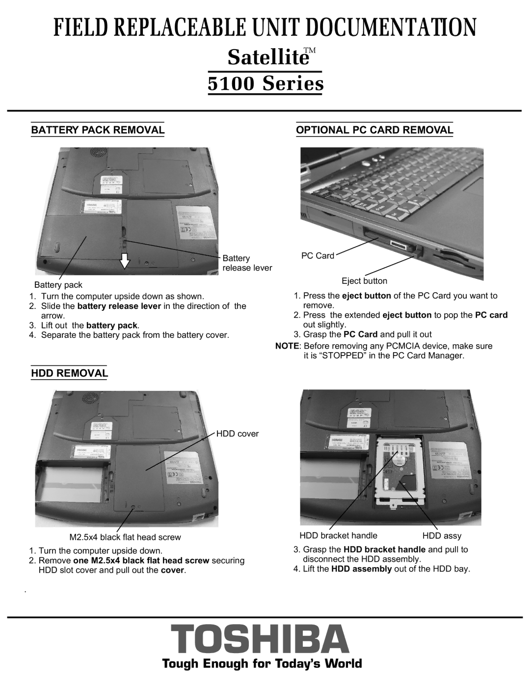 Toshiba 5100 manual Battery Pack Removal Optional PC Card Removal 