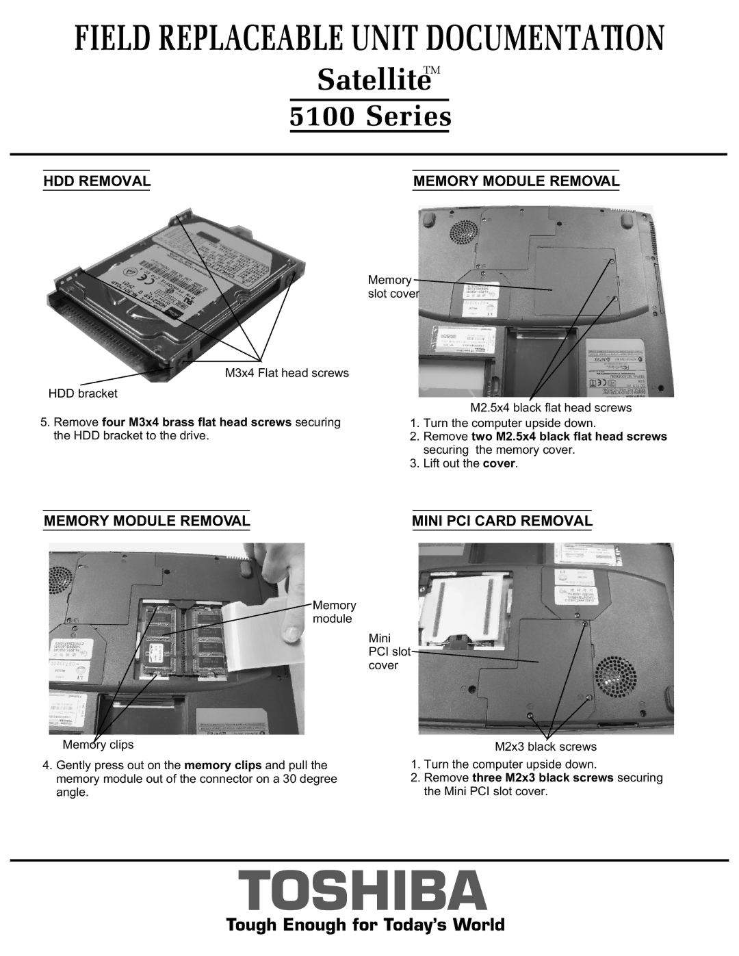 Toshiba 5100 manual HDD Removal Memory Module Removal, Memory Module Removal Mini PCI Card Removal 