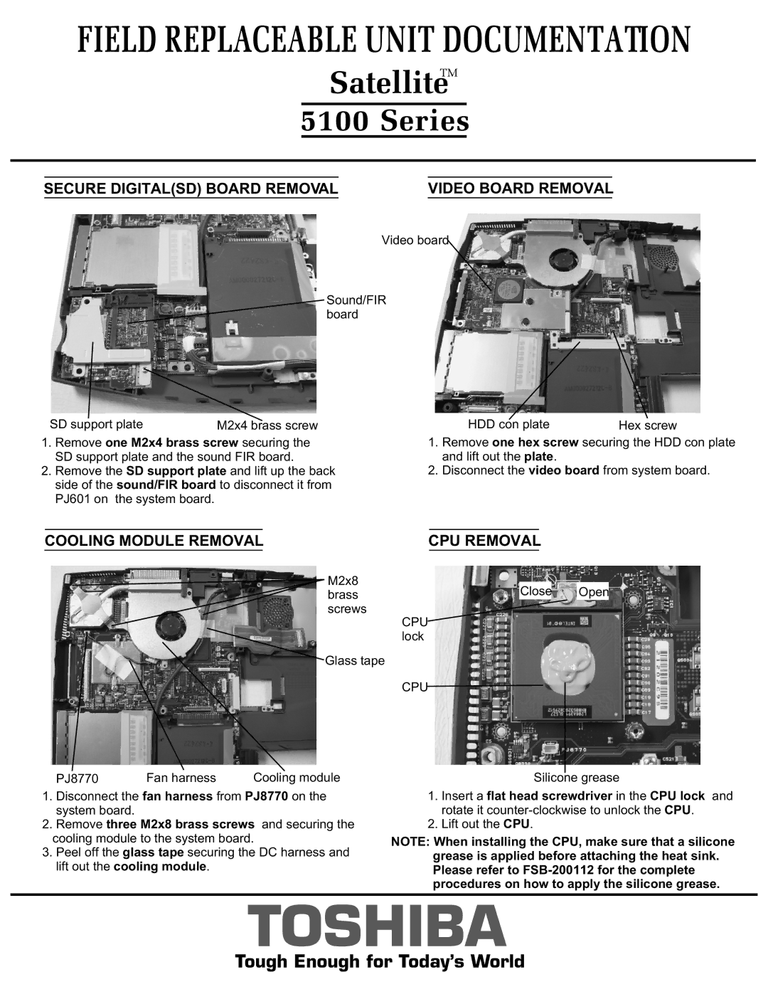 Toshiba 5100 manual Cooling Module Removal CPU Removal, Secure Digitalsd Board Removal 