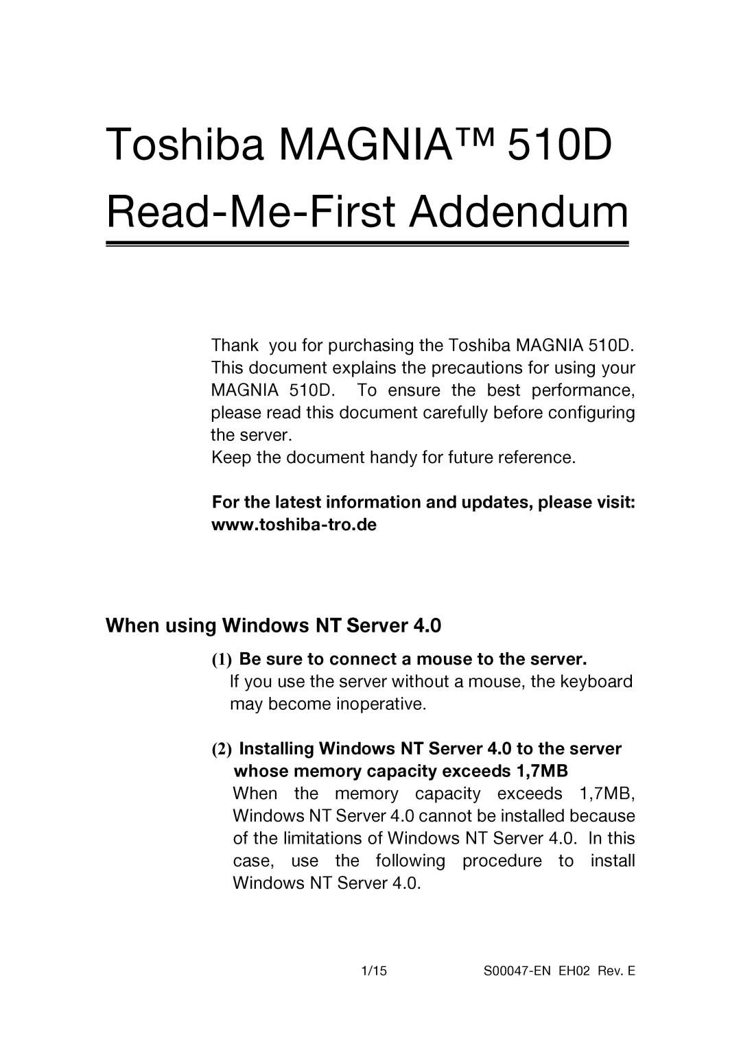 Toshiba manual Toshiba Magnia 510D Read-Me-First Addendum, When using Windows NT Server 