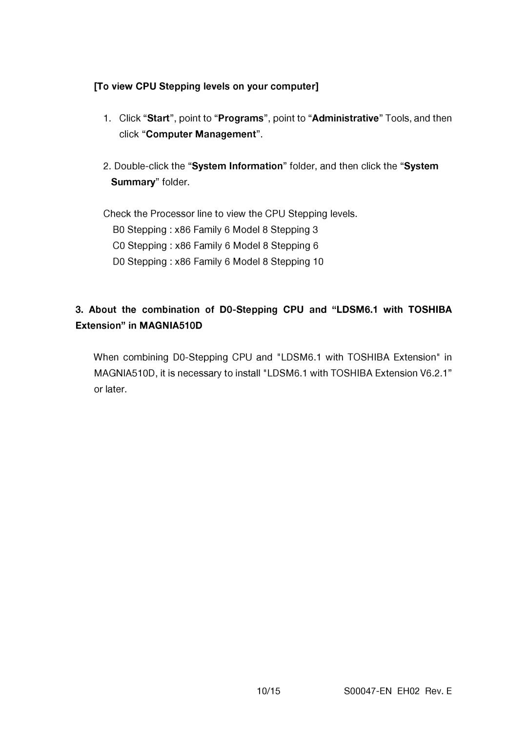 Toshiba 510D manual To view CPU Stepping levels on your computer 