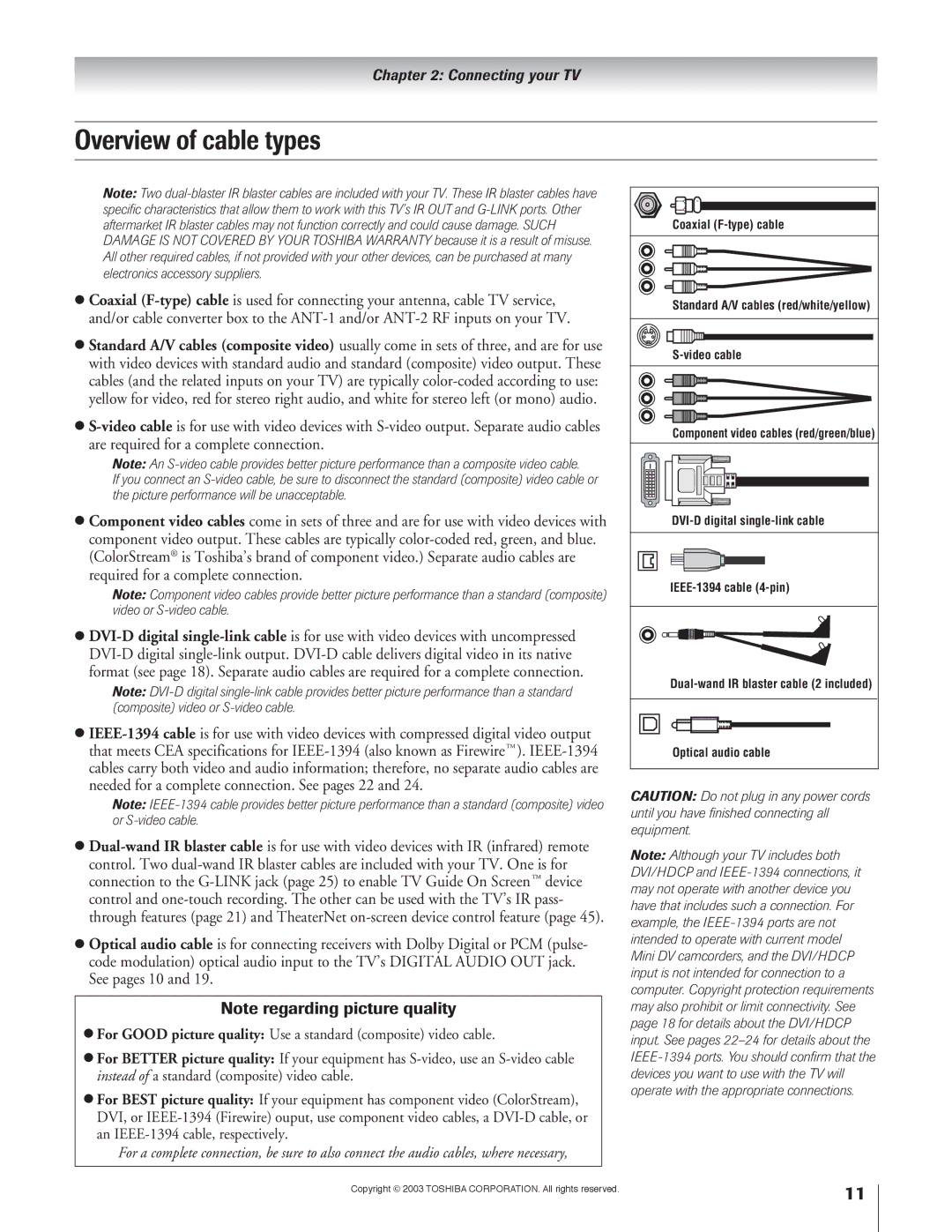 Toshiba 51H93 owner manual Overview of cable types 