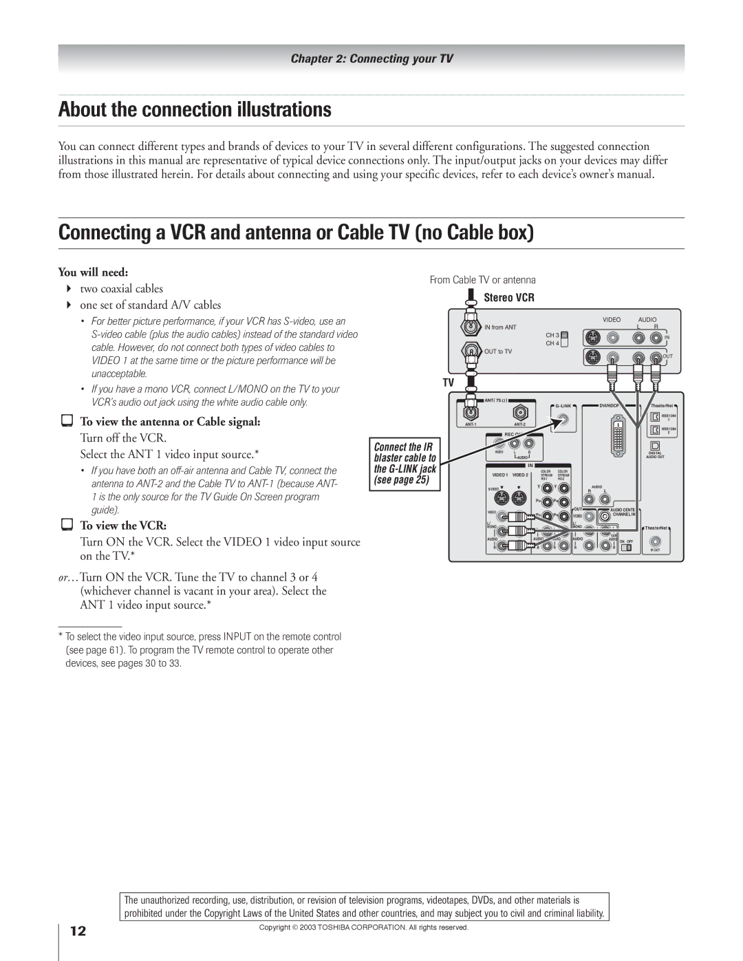 Toshiba 51H93 owner manual You will need, Two coaxial cables, To view the VCR, From Cable TV or antenna, Unacceptable 