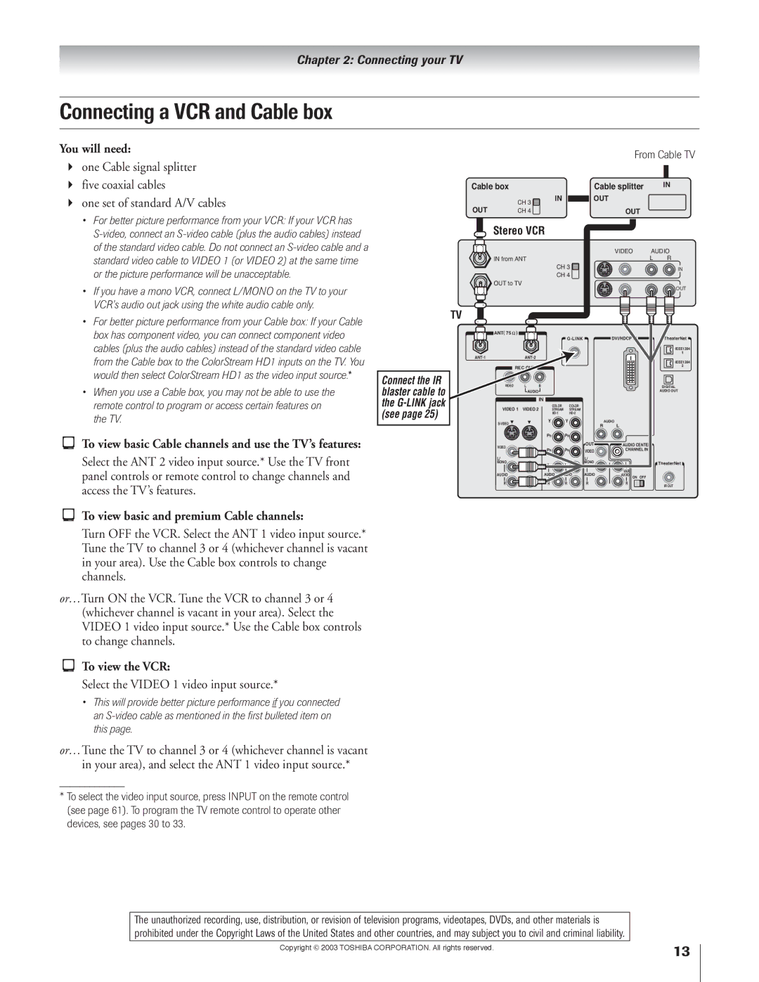 Toshiba 51H93 owner manual Connecting a VCR and Cable box, To view basic and premium Cable channels 