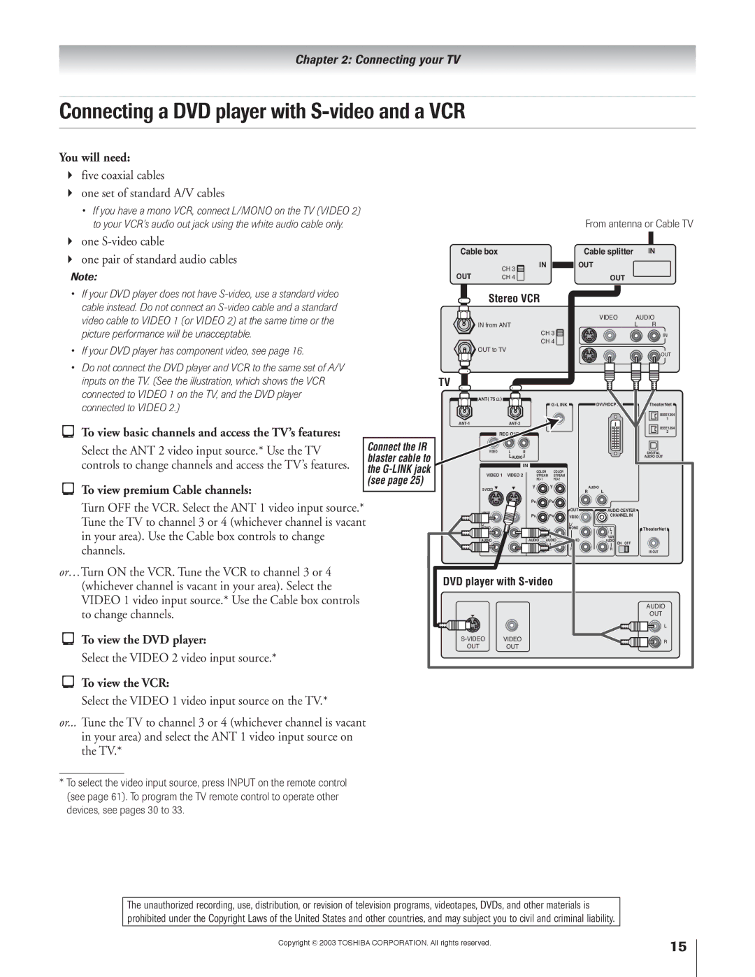 Toshiba 51H93 Connecting a DVD player with S-video and a VCR, To view basic channels and access the TV’s features 