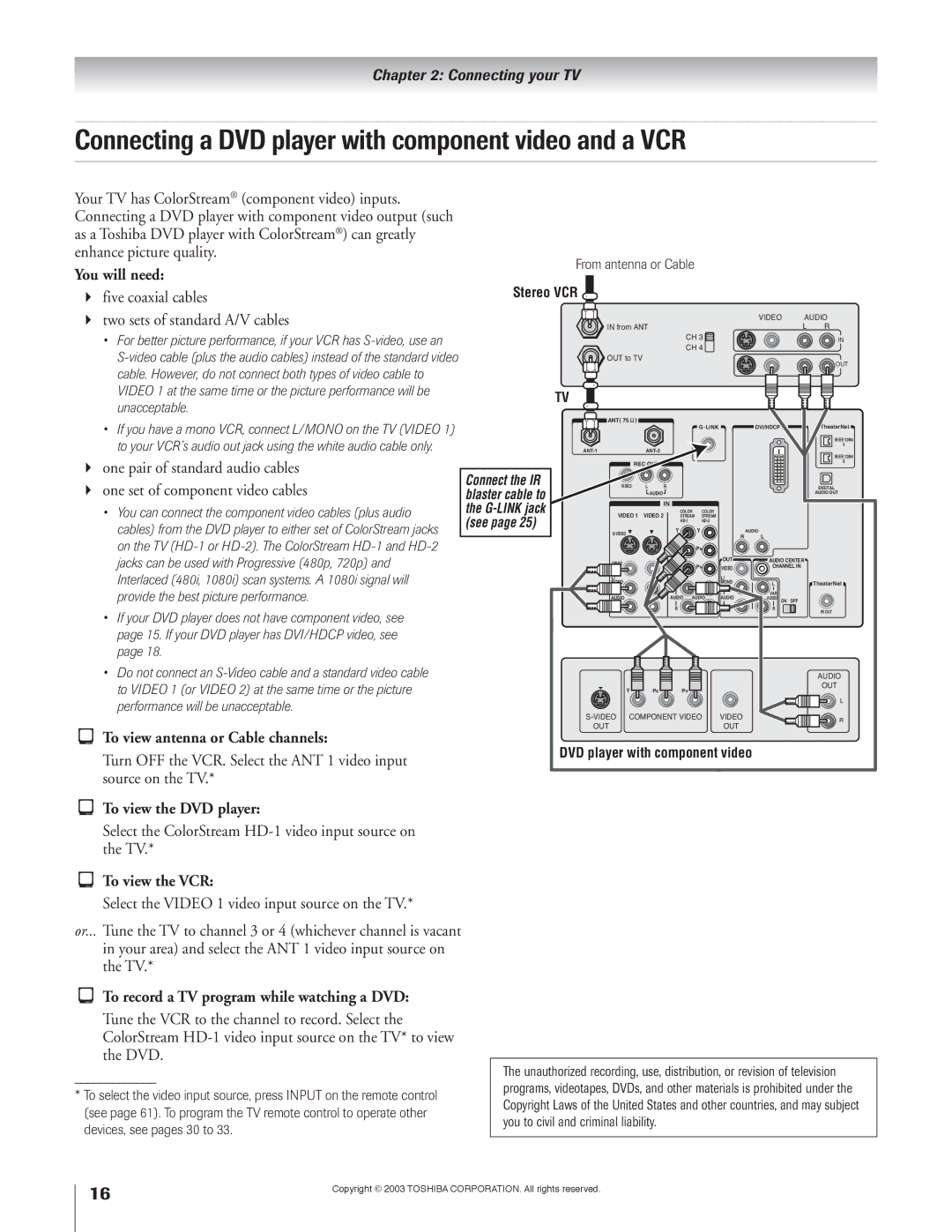 Toshiba 51H93 Connecting a DVD player with component video and a VCR, One set of component video cables, Source on the TV 