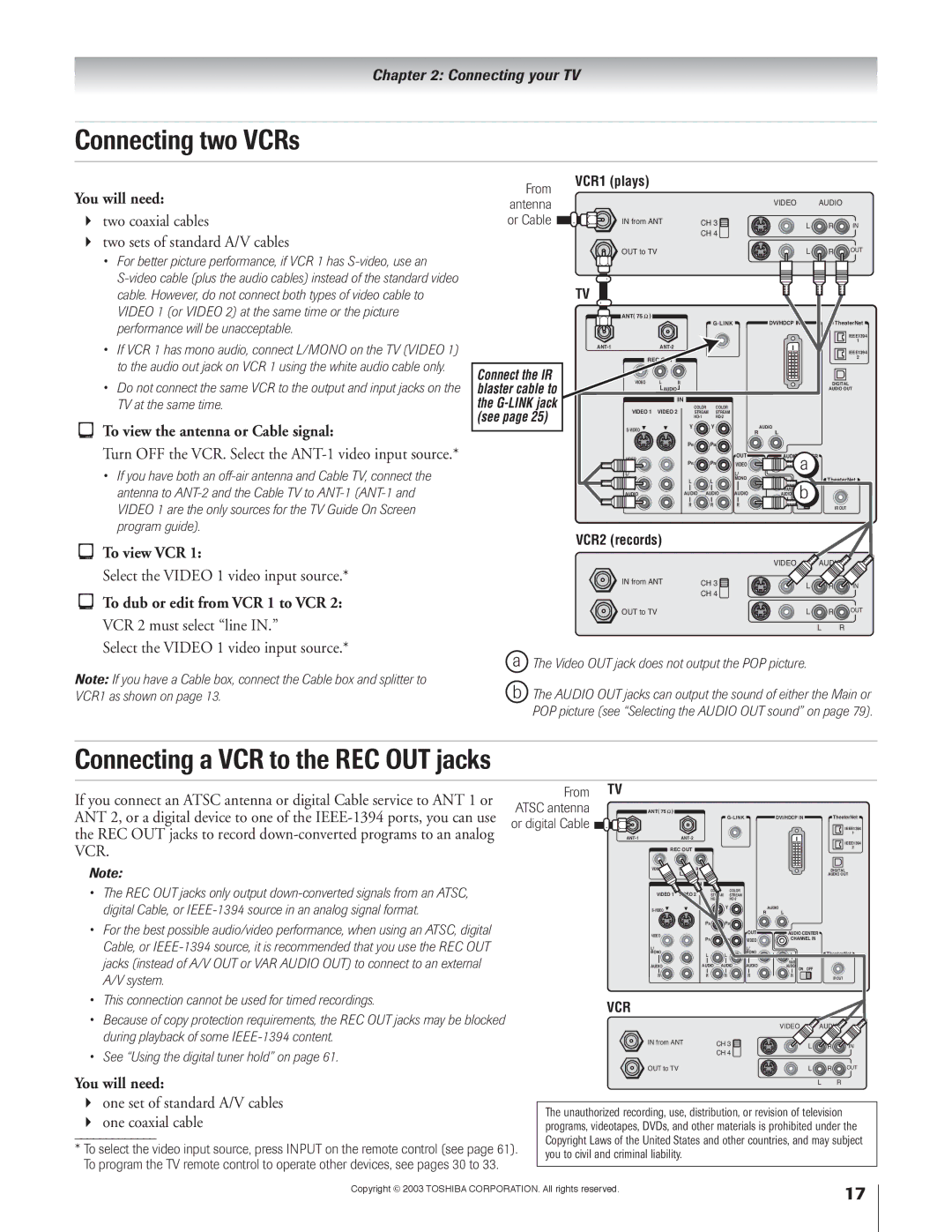 Toshiba 51H93 owner manual Connecting two VCRs, Connecting a VCR to the REC OUT jacks, To view VCR, One coaxial cable 