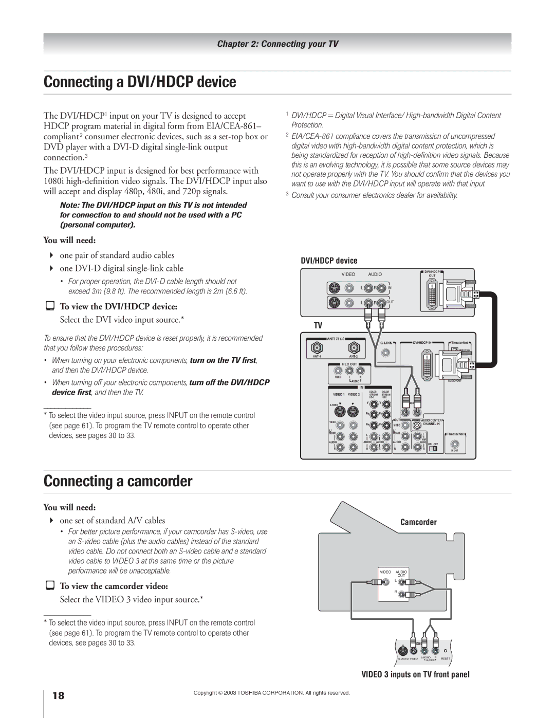 Toshiba 51H93 owner manual Connecting a DVI/HDCP device, Connecting a camcorder, To view the camcorder video 