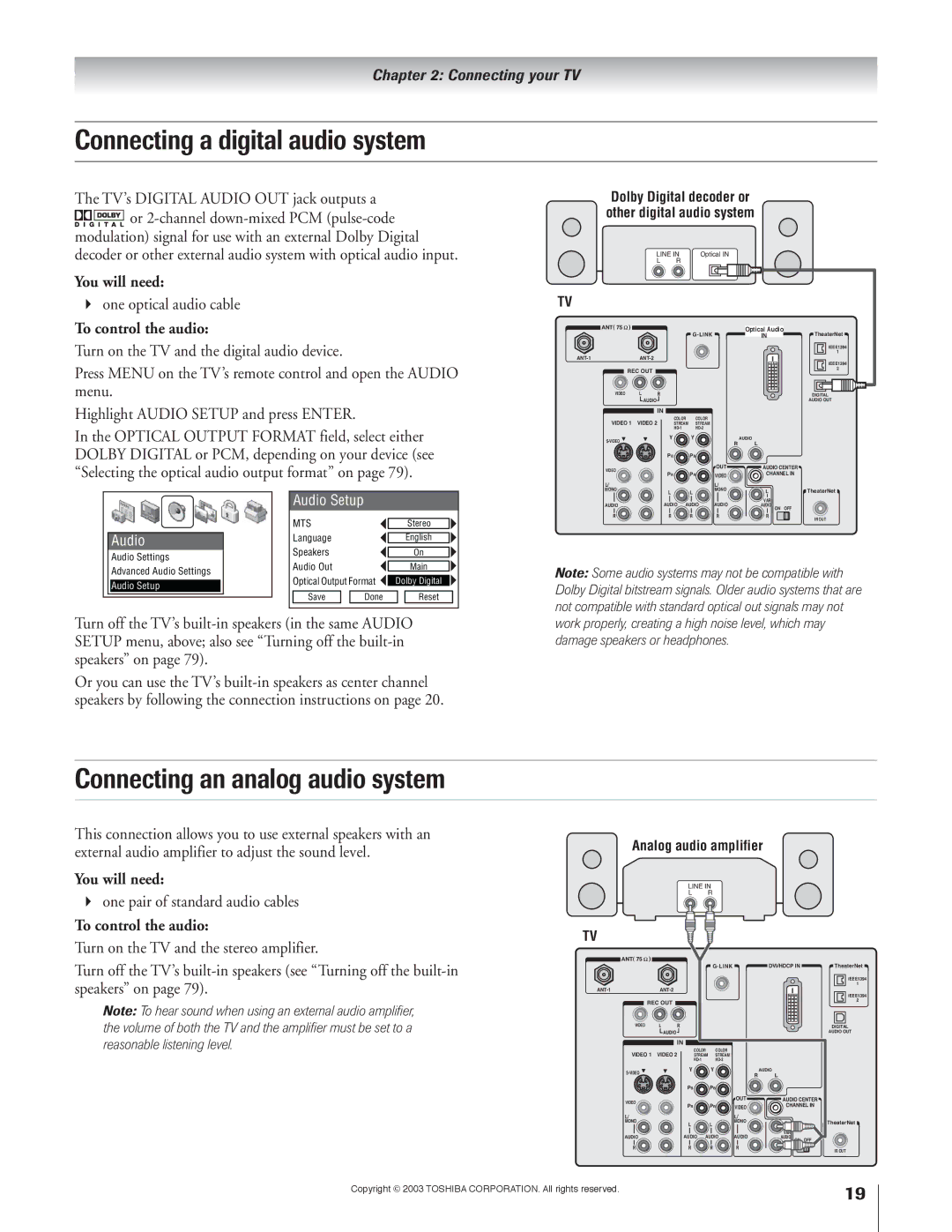 Toshiba 51H93 owner manual Connecting a digital audio system, Connecting an analog audio system, One optical audio cable 