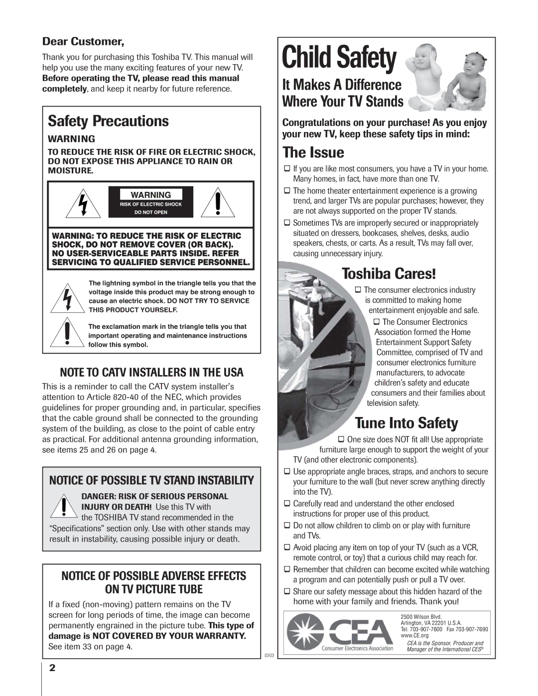 Toshiba 51H93 Safety Precautions, It Makes a Difference Where Your TV Stands, Issue, Toshiba Cares, Tune Into Safety 