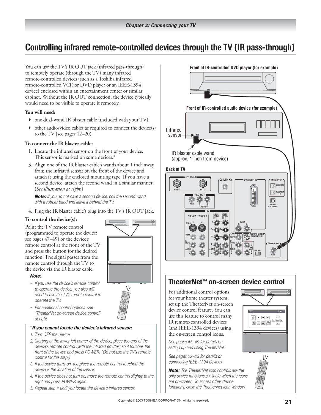 Toshiba 51H93 owner manual TheaterNet on-screen device control, To connect the IR blaster cable, To control the devices 