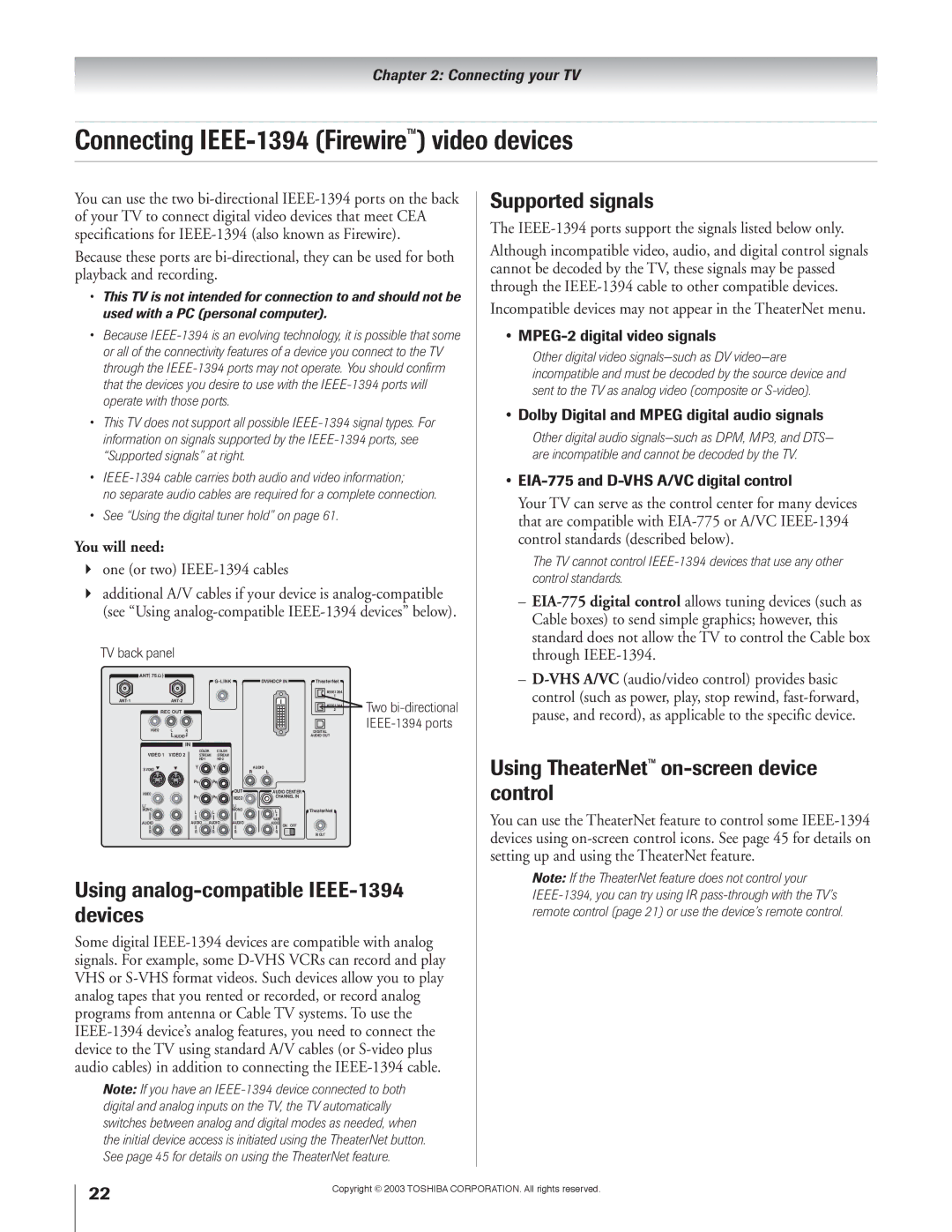 Toshiba 51H93 Connecting IEEE-1394 Firewire video devices, Using analog-compatible IEEE-1394 devices, Supported signals 