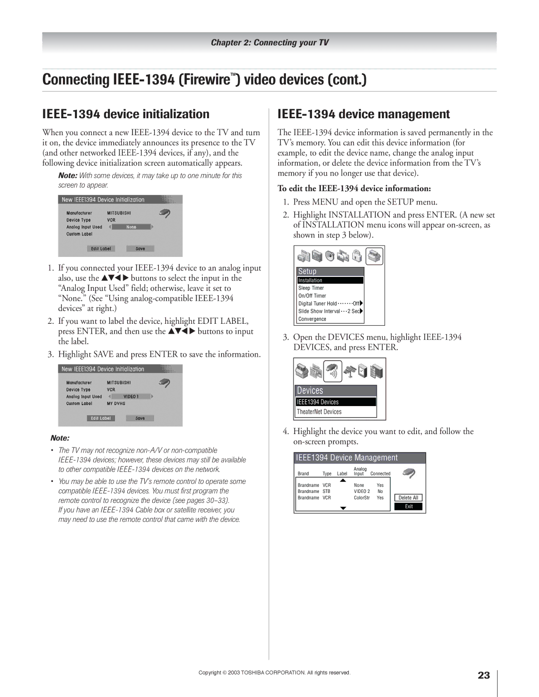 Toshiba 51H93 IEEE-1394 device initialization, IEEE-1394 device management, To edit the IEEE-1394 device information 