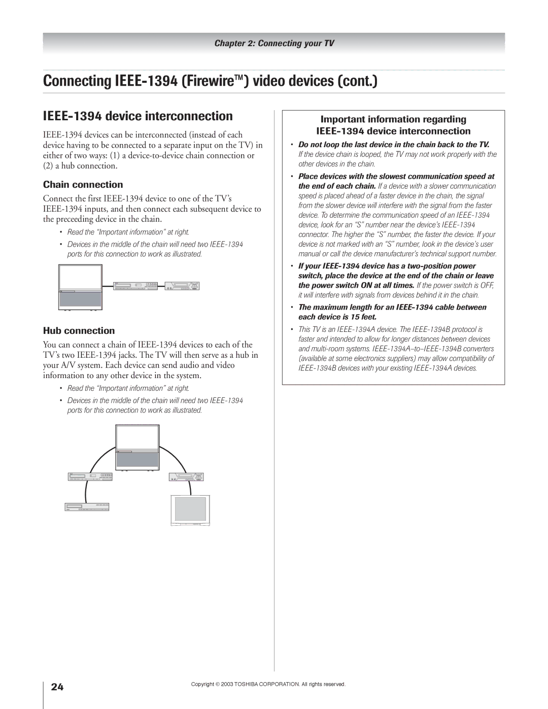 Toshiba 51H93 IEEE-1394 device interconnection, Chain connection, Hub connection, Read the Important information at right 