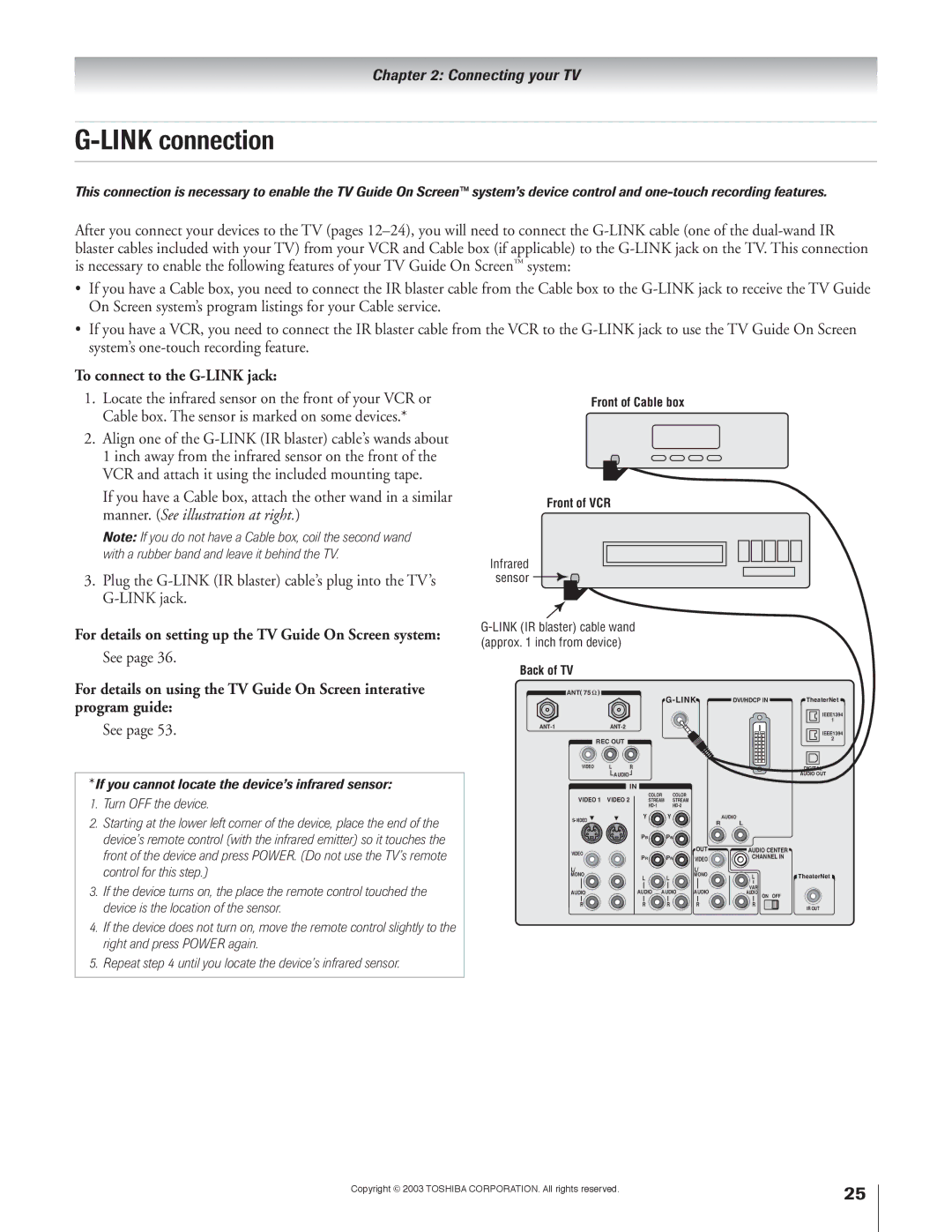 Toshiba 51H93 owner manual Link connection, To connect to the G-LINK jack, See 