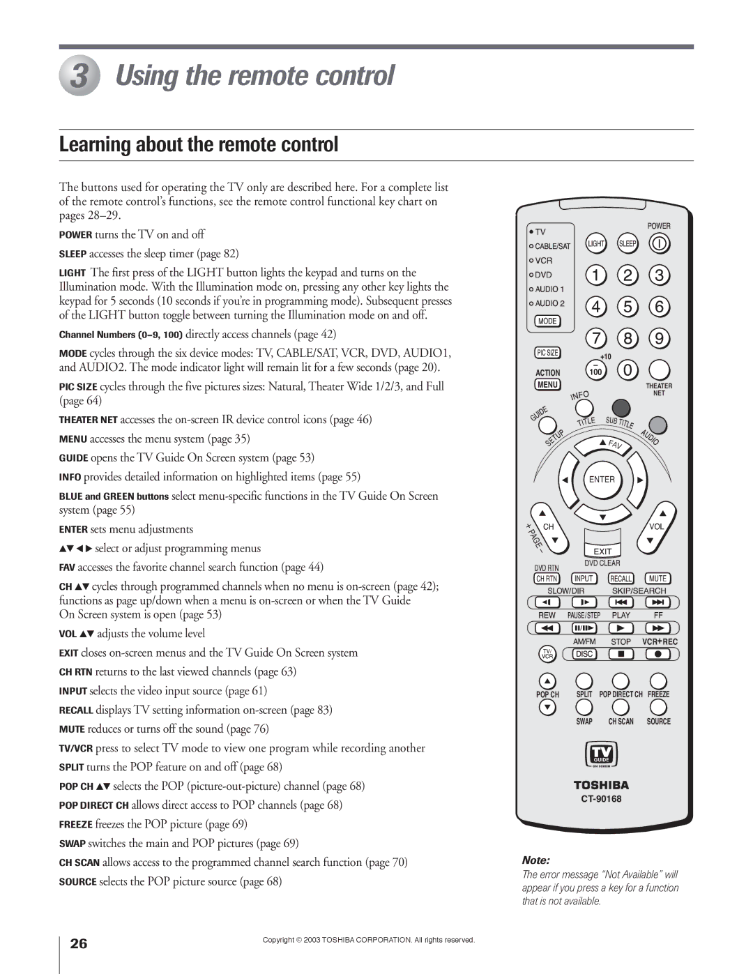 Toshiba 51H93 owner manual Using the remote control, Learning about the remote control 