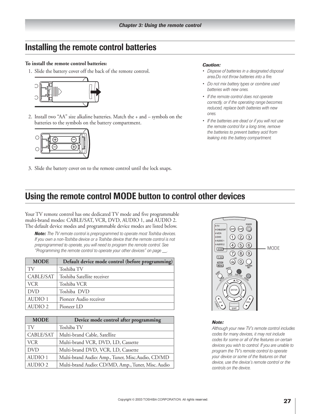 Toshiba 51H93 owner manual Installing the remote control batteries, To install the remote control batteries 