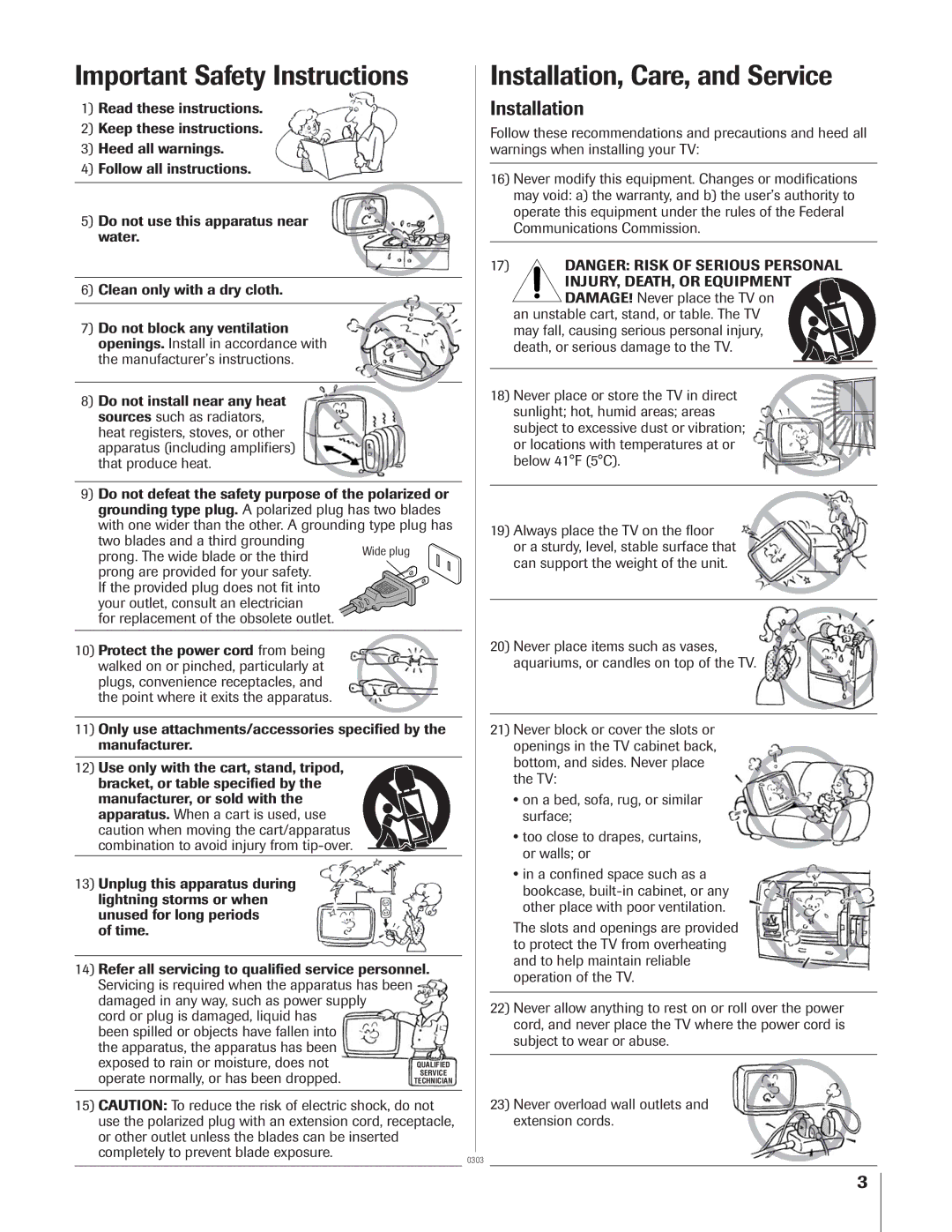 Toshiba 51H93 owner manual Important Safety Instructions, Installation, Care, and Service, Always place the TV on the floor 