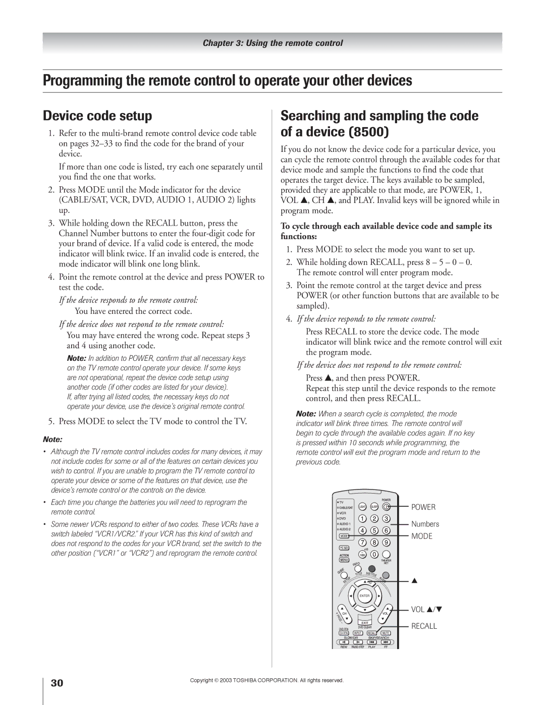 Toshiba 51H93 owner manual Device code setup, Searching and sampling the code of a device 