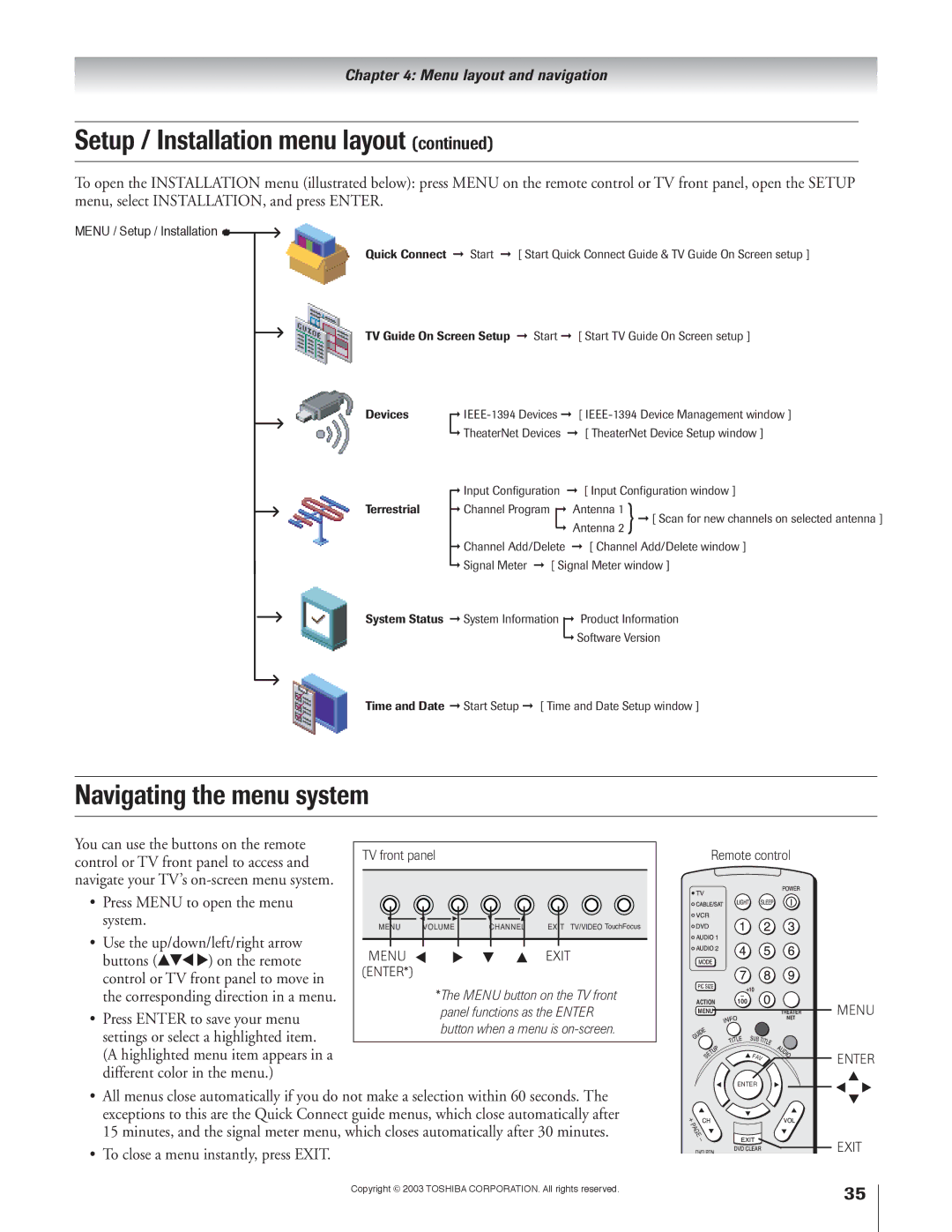 Toshiba 51H93 owner manual Setup / Installation menu layout, Navigating the menu system, Press Menu to open the menu system 