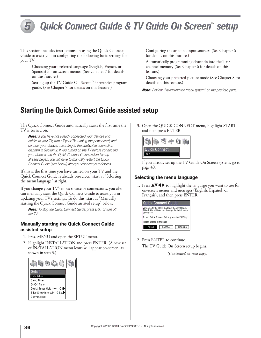 Toshiba 51H93 Starting the Quick Connect Guide assisted setup, Manually starting the Quick Connect Guide assisted setup 