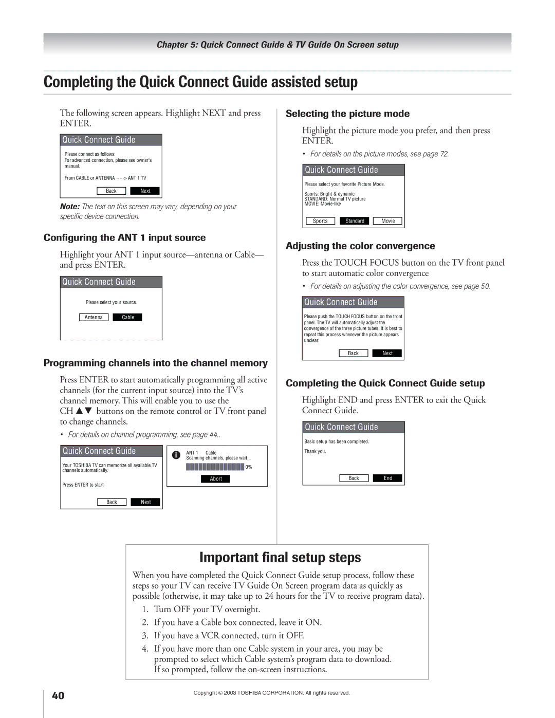 Toshiba 51H93 owner manual Completing the Quick Connect Guide assisted setup, Important final setup steps 