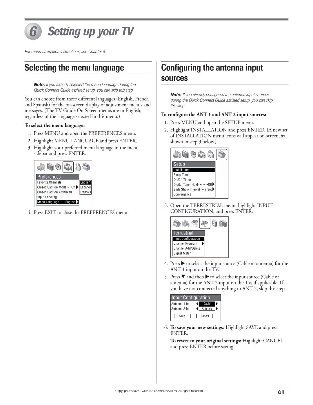 Toshiba 51H93 owner manual Setting up your TV, Selecting the menu language, Configuring the antenna input sources 