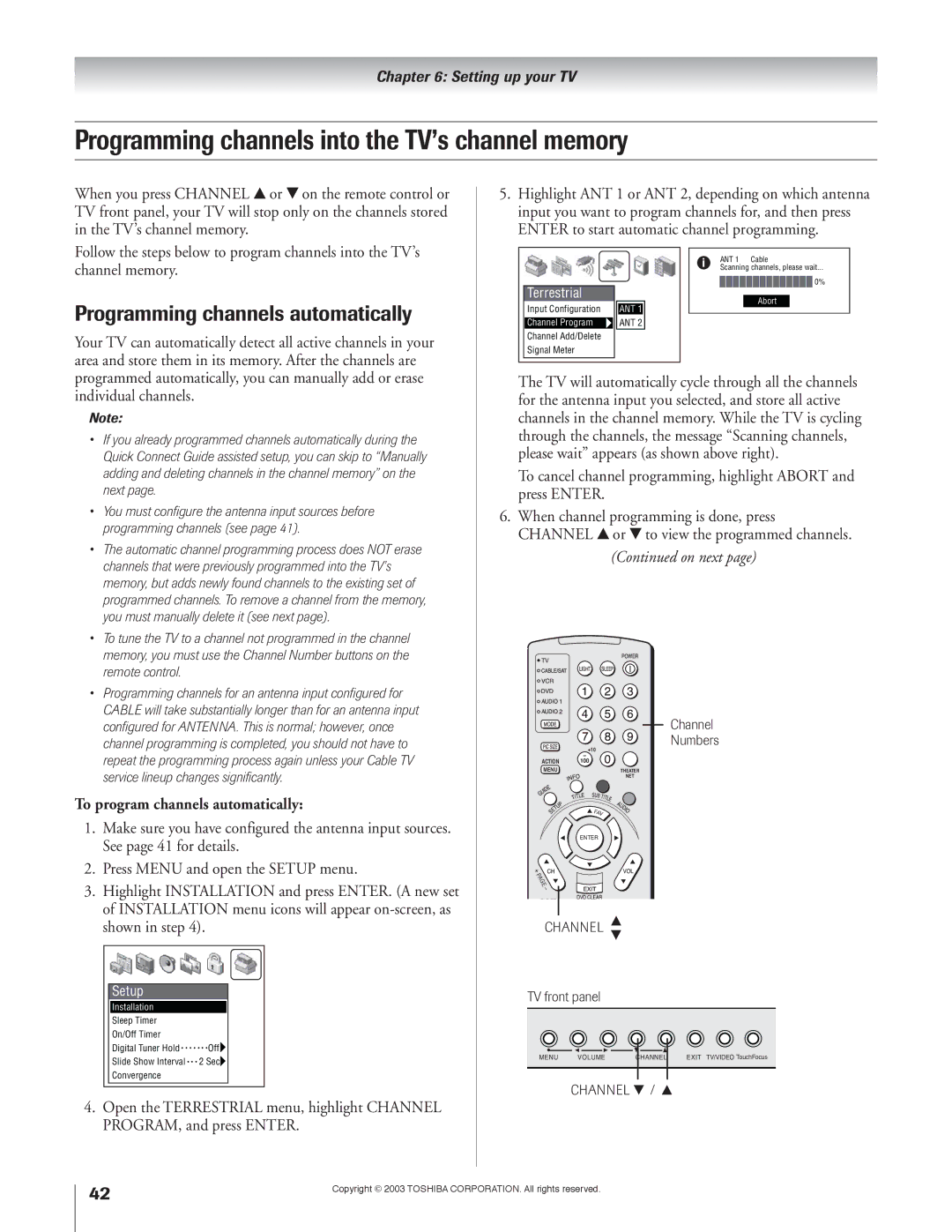 Toshiba 51H93 owner manual Programming channels into the TV’s channel memory, Programming channels automatically 