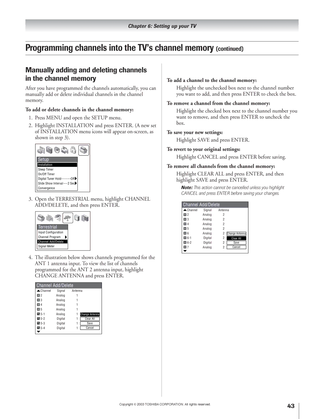 Toshiba 51H93 owner manual Manually adding and deleting channels in the channel memory 