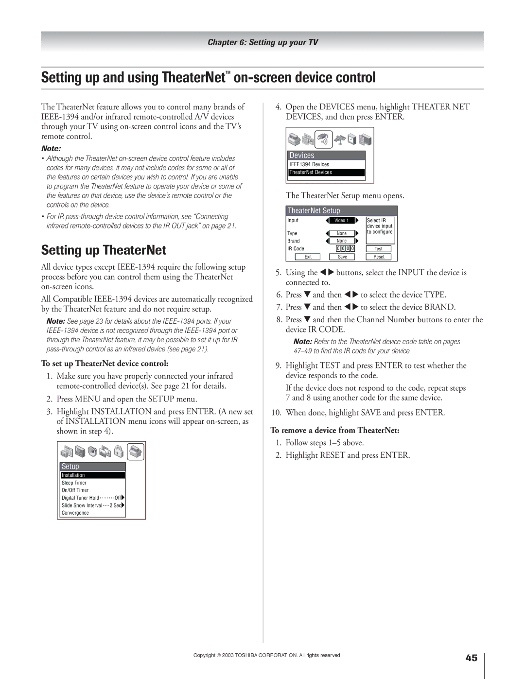 Toshiba 51H93 owner manual Setting up and using TheaterNet on-screen device control, Setting up TheaterNet 