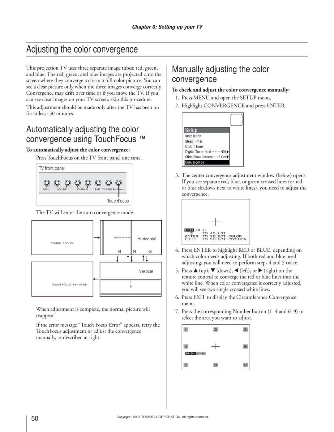 Toshiba 51H93 owner manual Adjusting the color convergence, Manually adjusting the color, Convergence using TouchFocus 